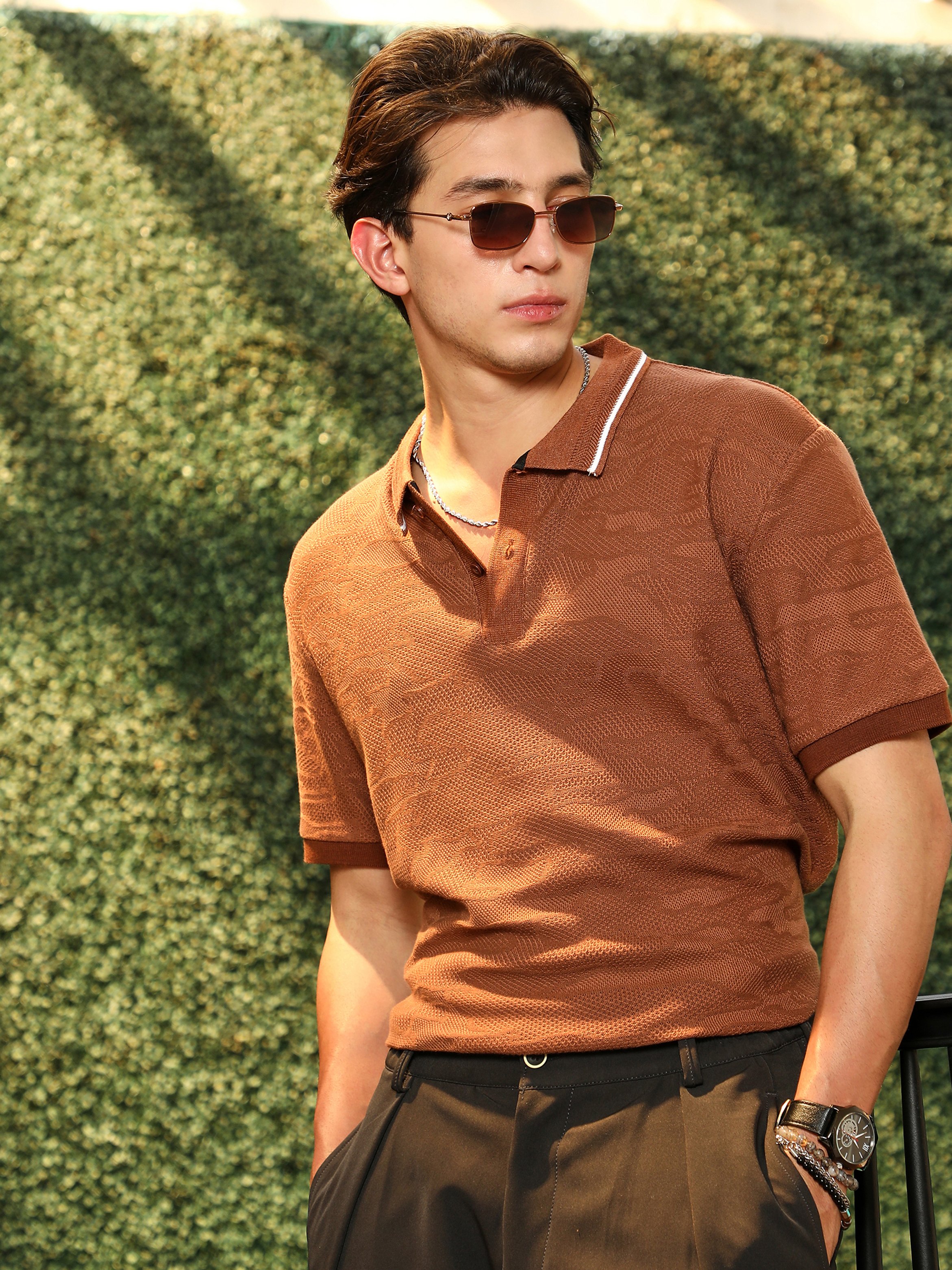 Men Brown Textured-Knitted Polo