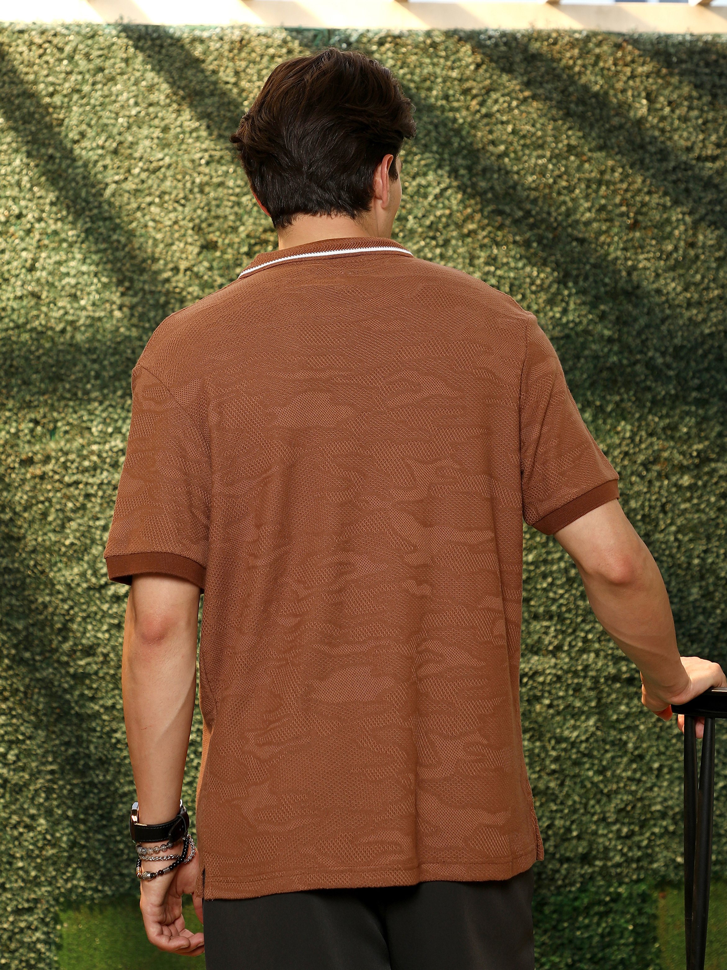 Men Brown Textured-Knitted Polo
