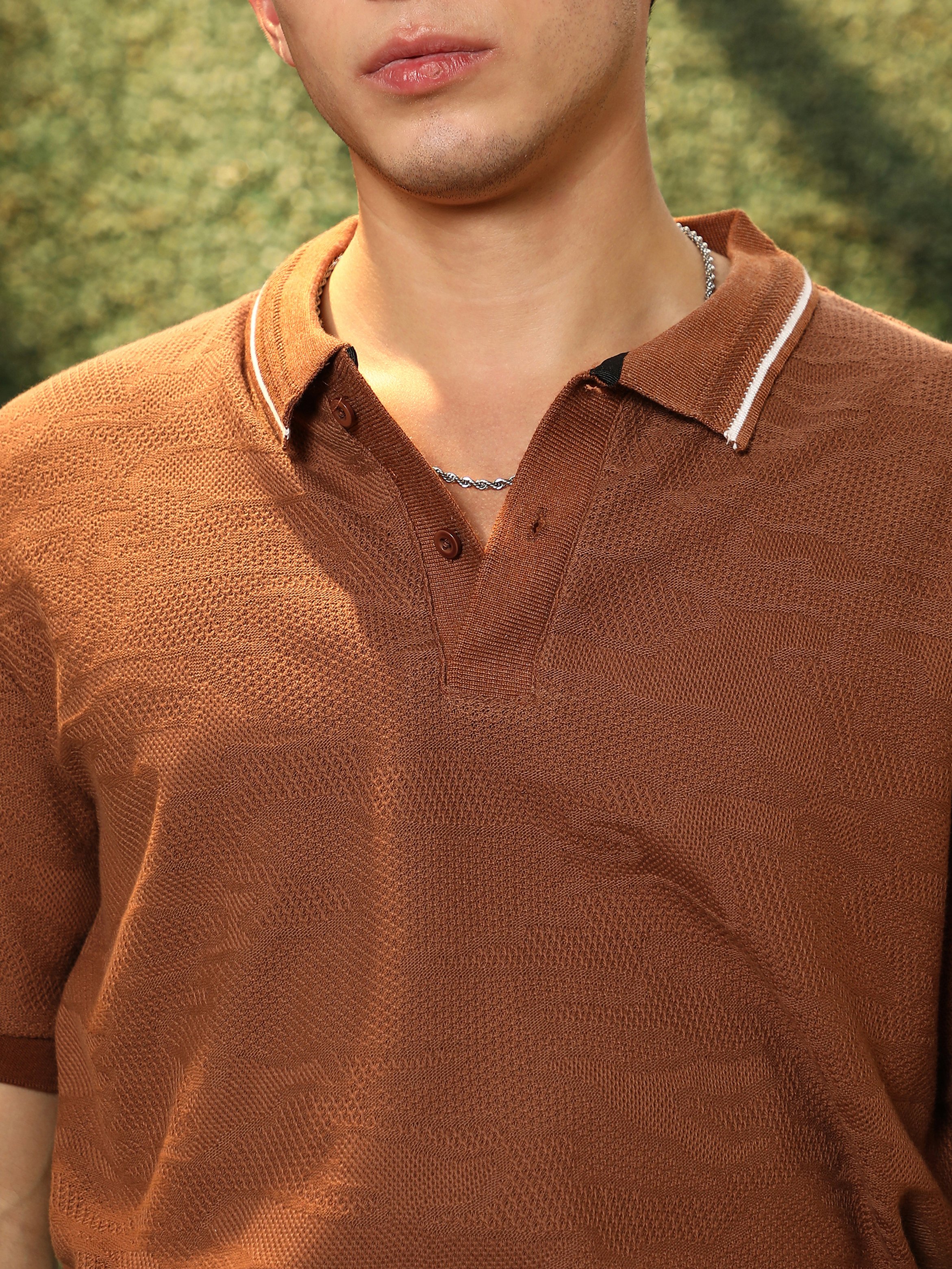 Men Brown Textured-Knitted Polo