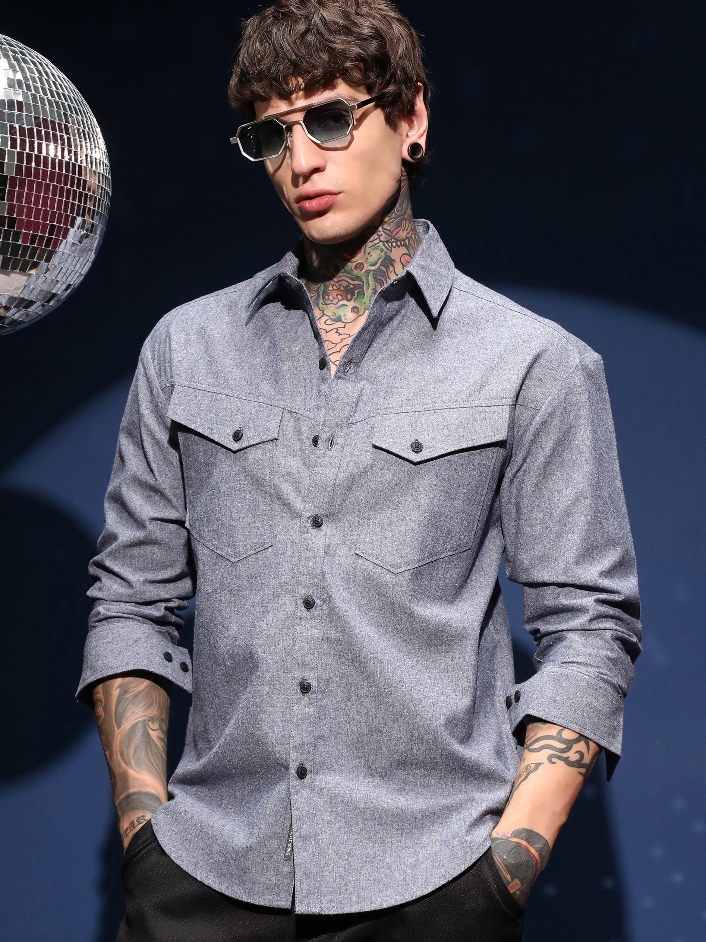 Men Blue Flap-Pocket Relaxed Shirt