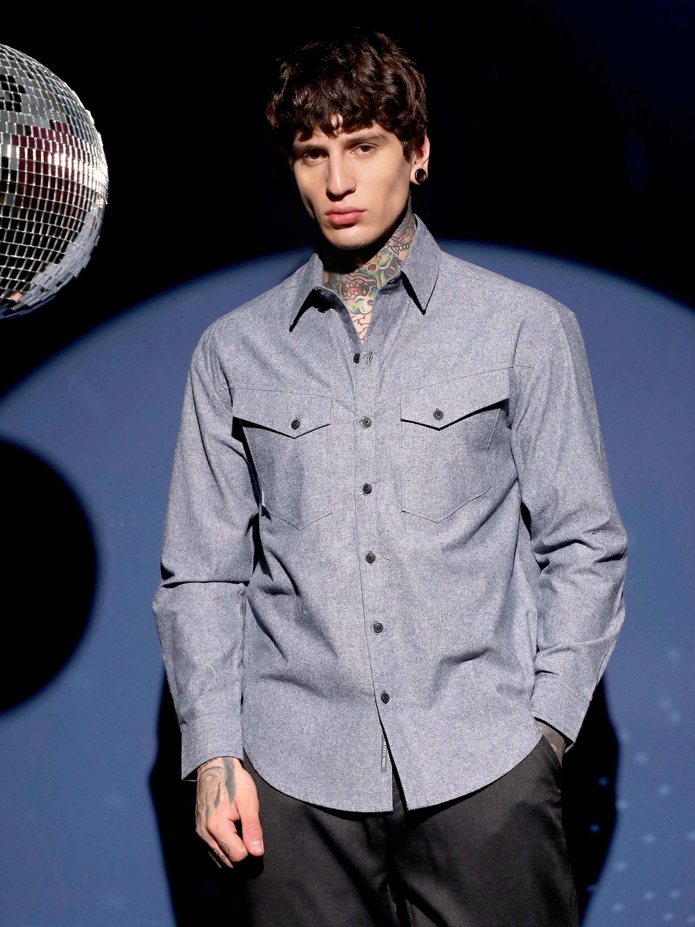 Men Blue Flap-Pocket Relaxed Shirt