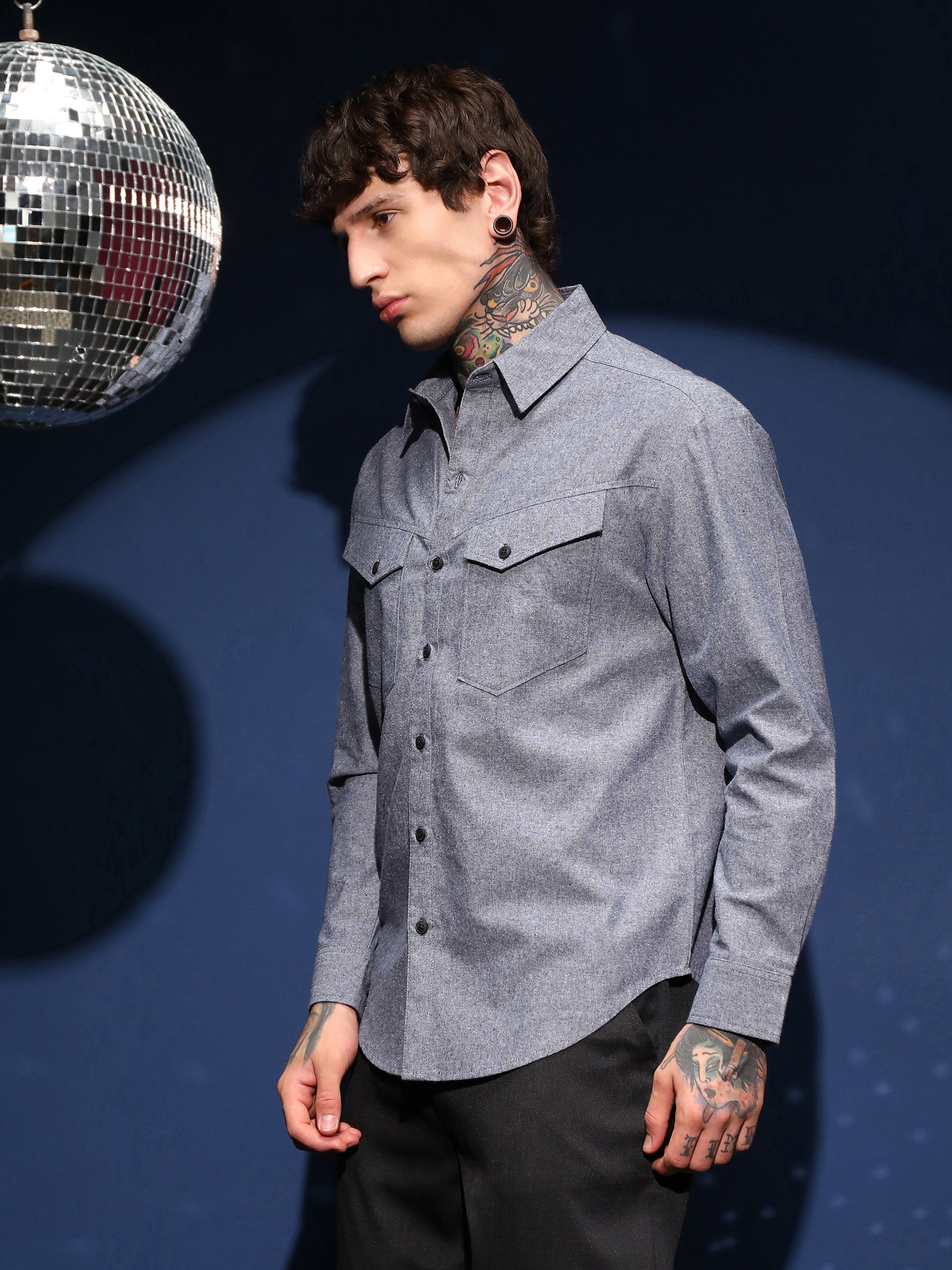 Men Blue Flap-Pocket Relaxed Shirt