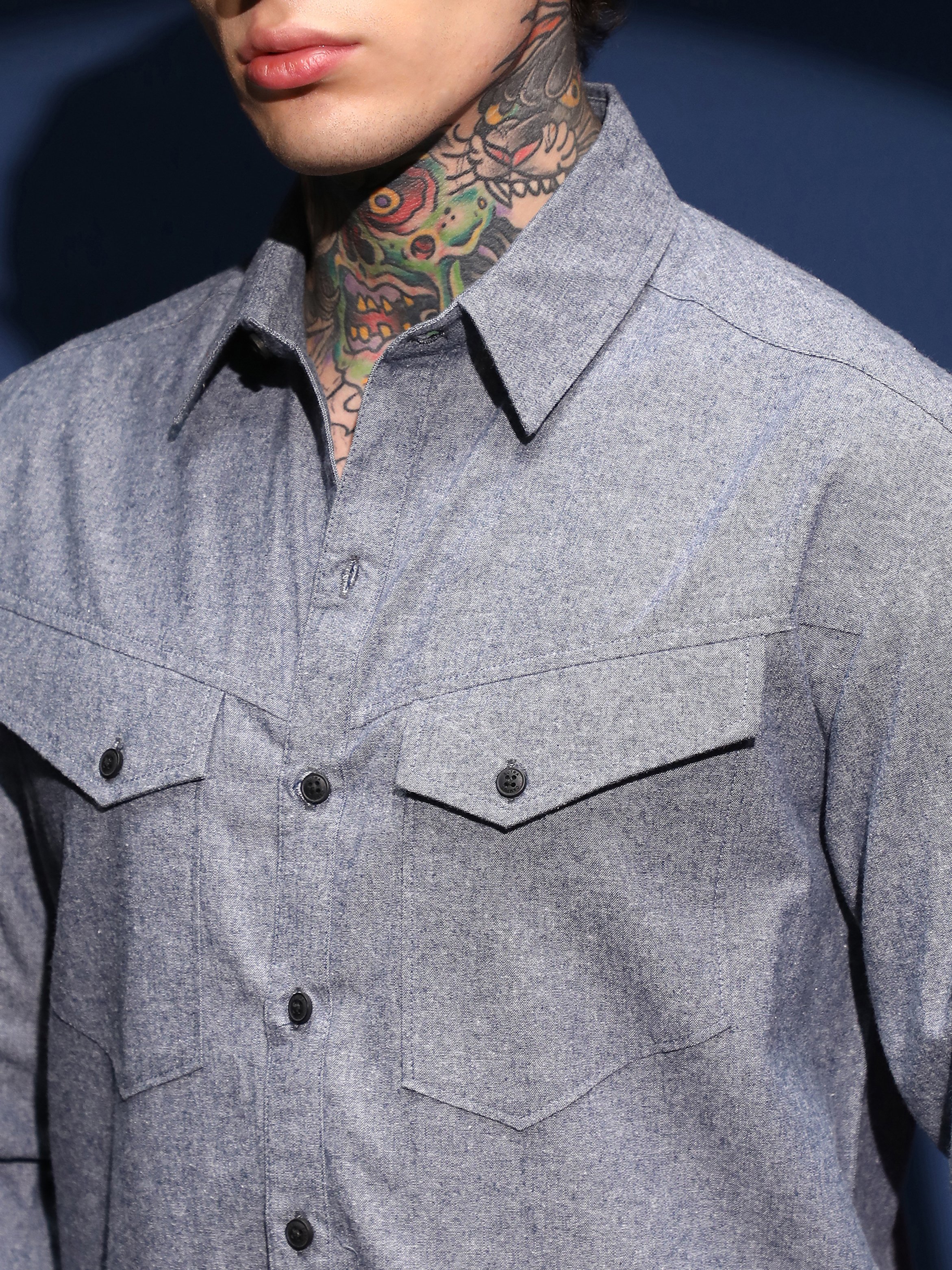 Men Blue Flap-Pocket Relaxed Shirt