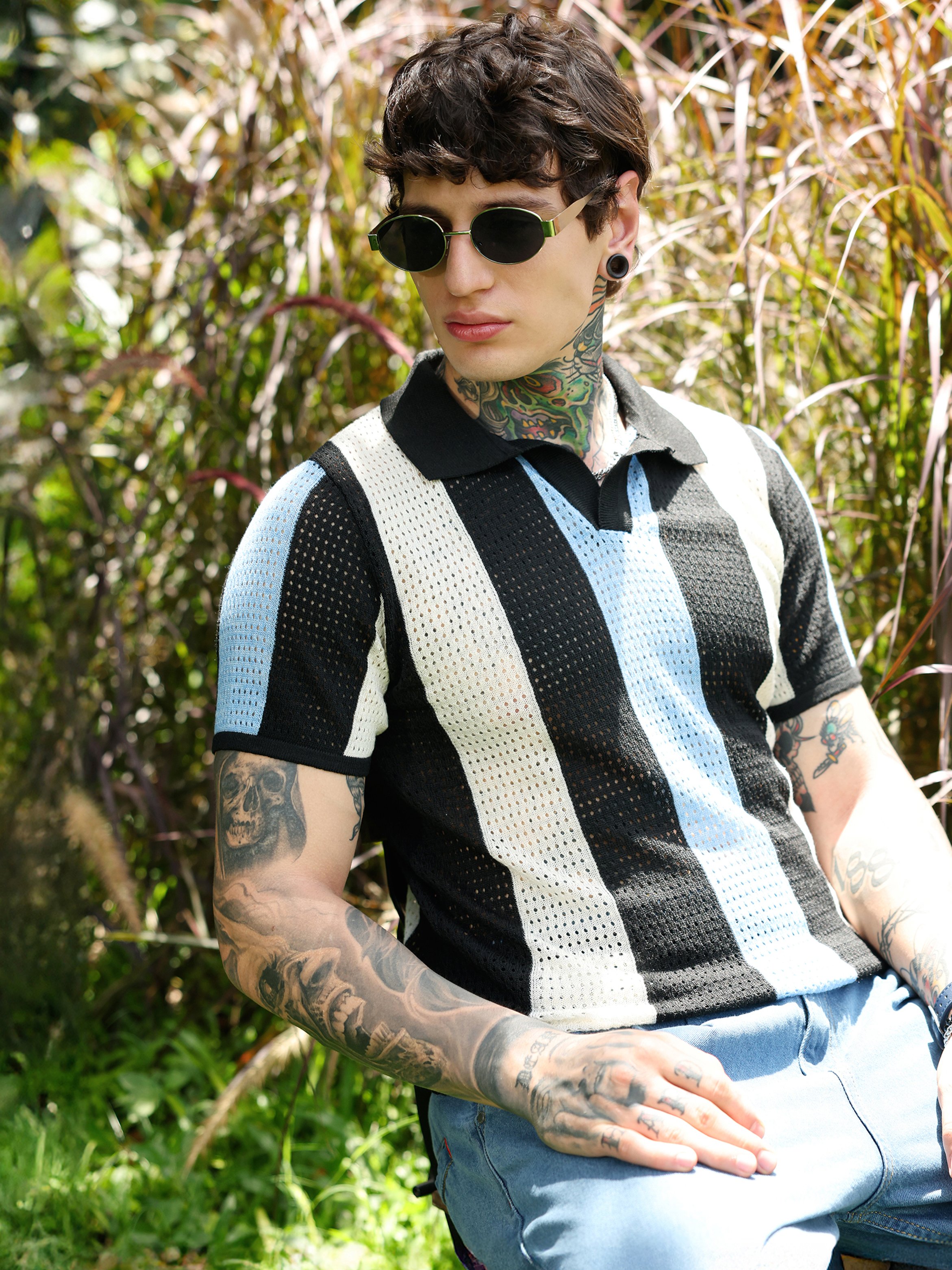 Men Striped Knit Short Sleeve Polo
