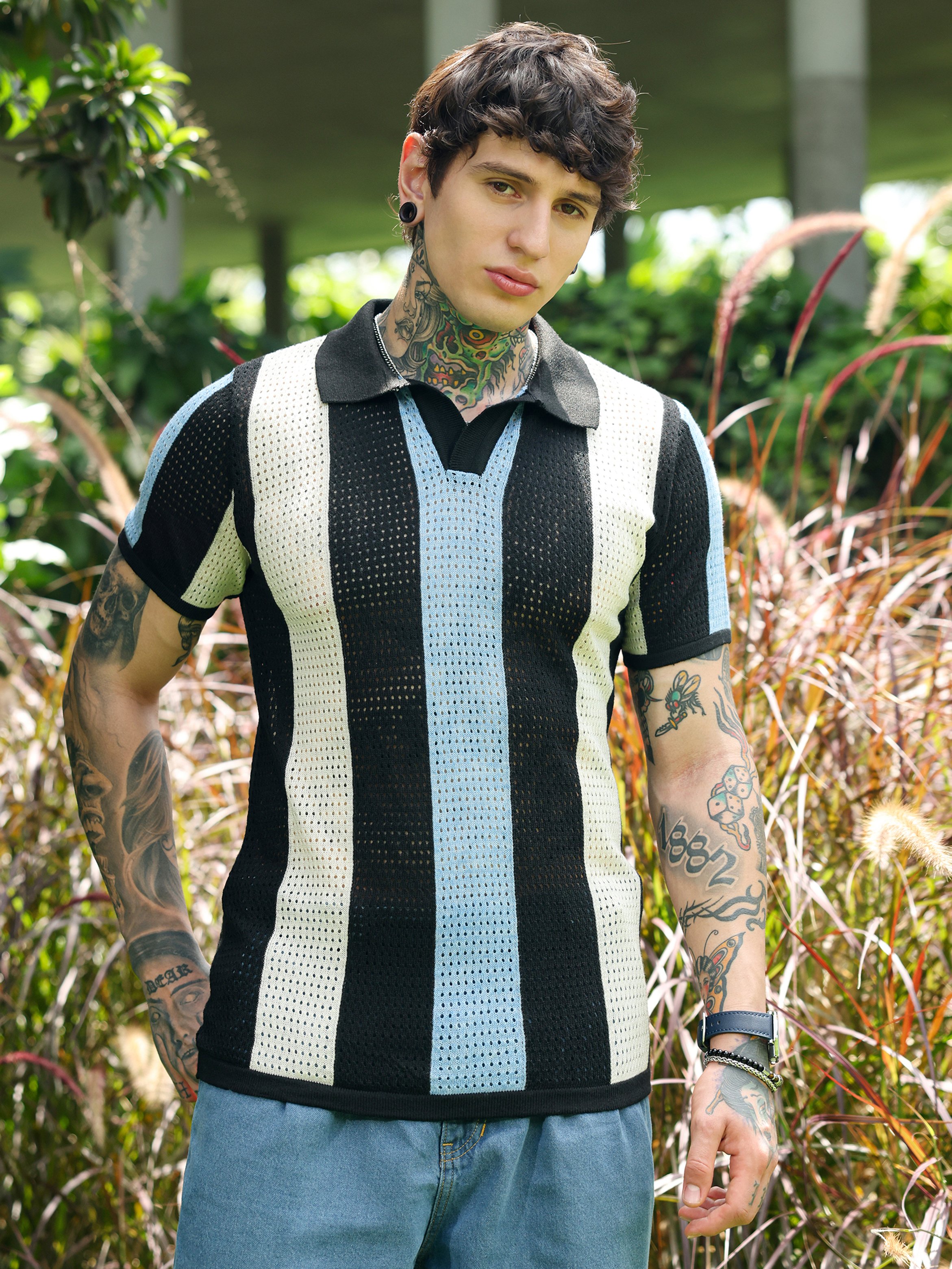 Men Striped Knit Short Sleeve Polo