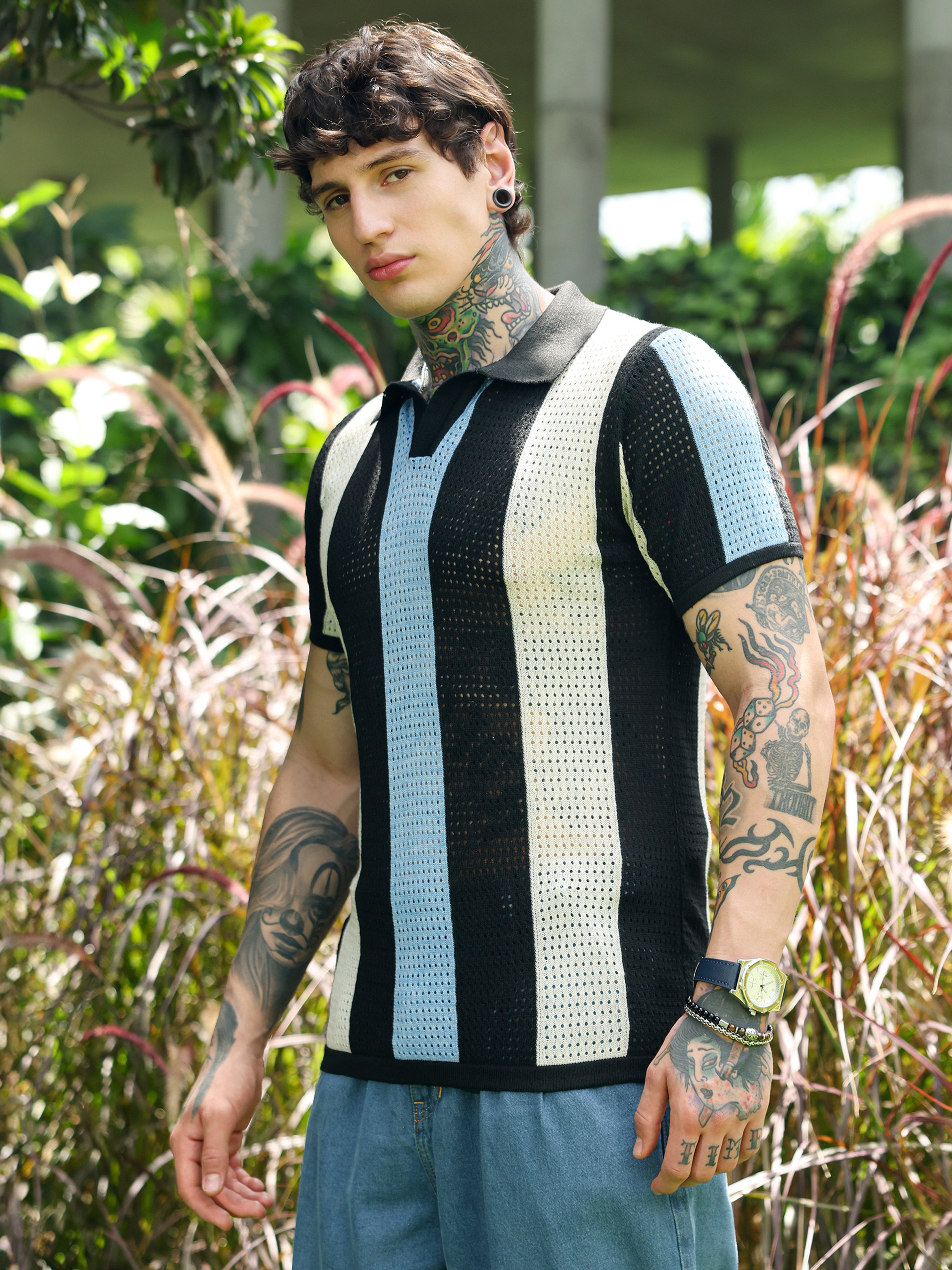 Men Striped Knit Short Sleeve Polo