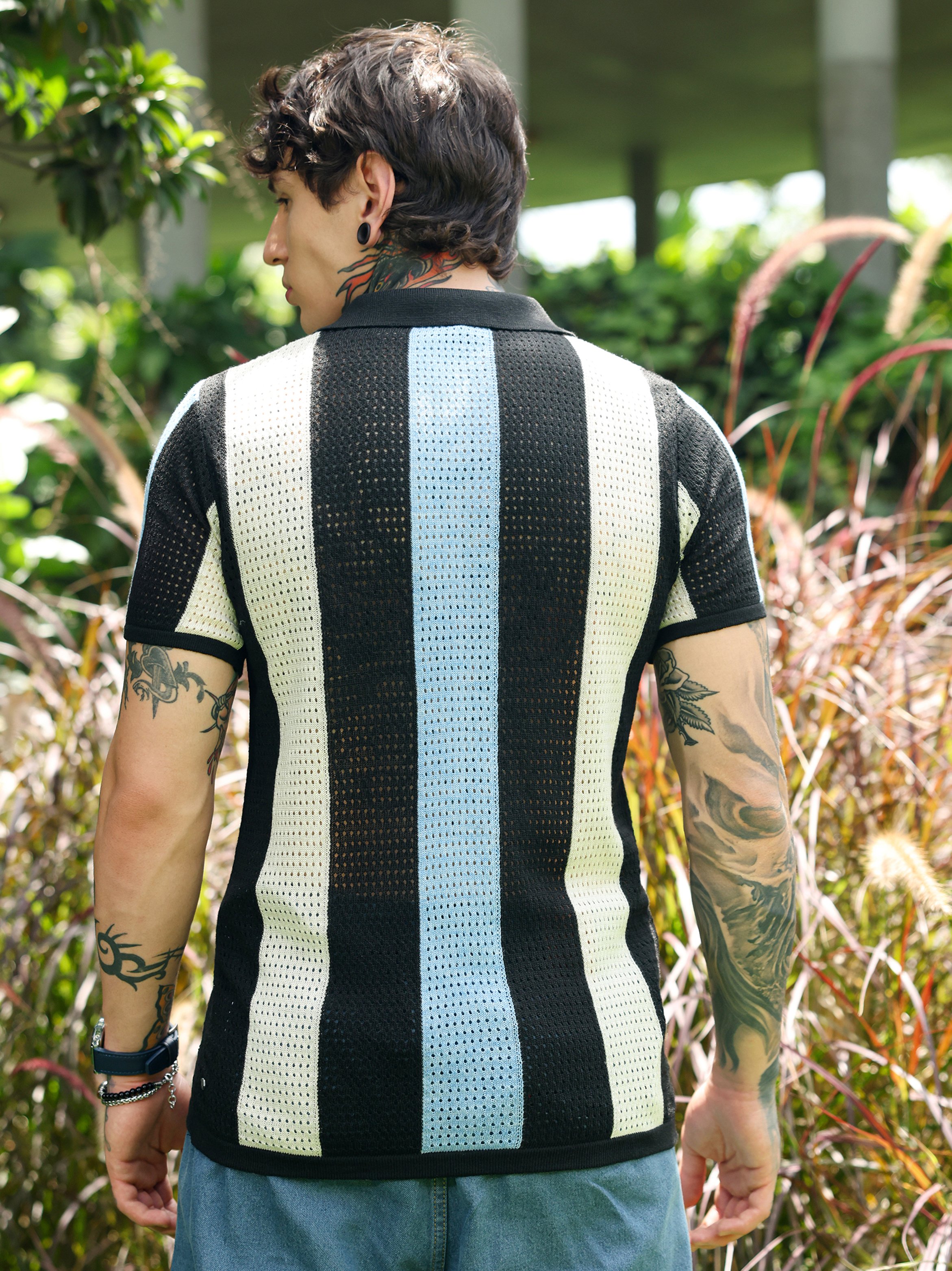 Men Striped Knit Short Sleeve Polo
