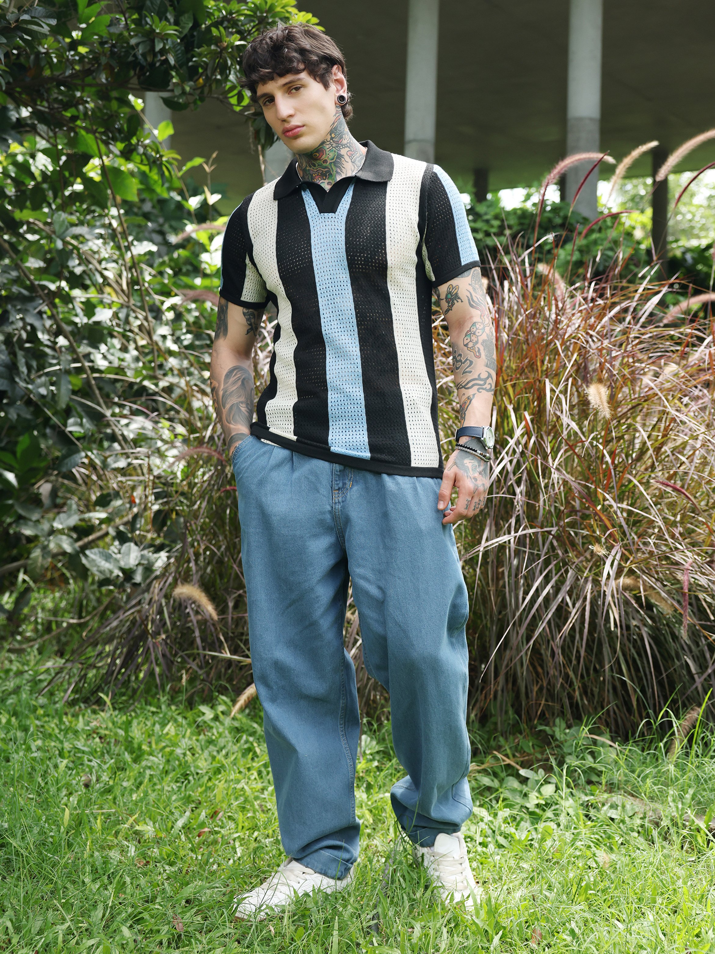 Men Striped Knit Short Sleeve Polo