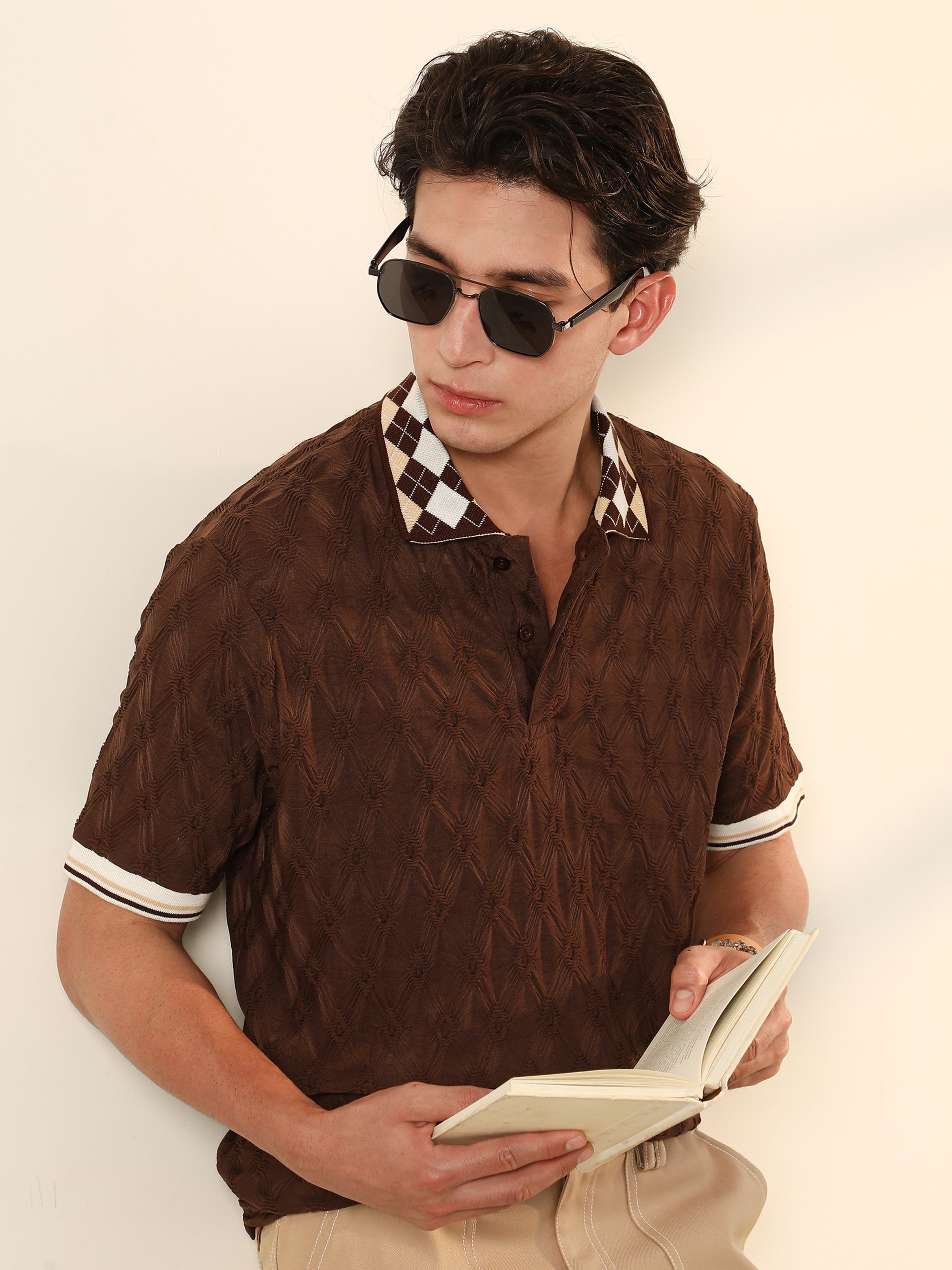 Men Brown Textured Knit Polo