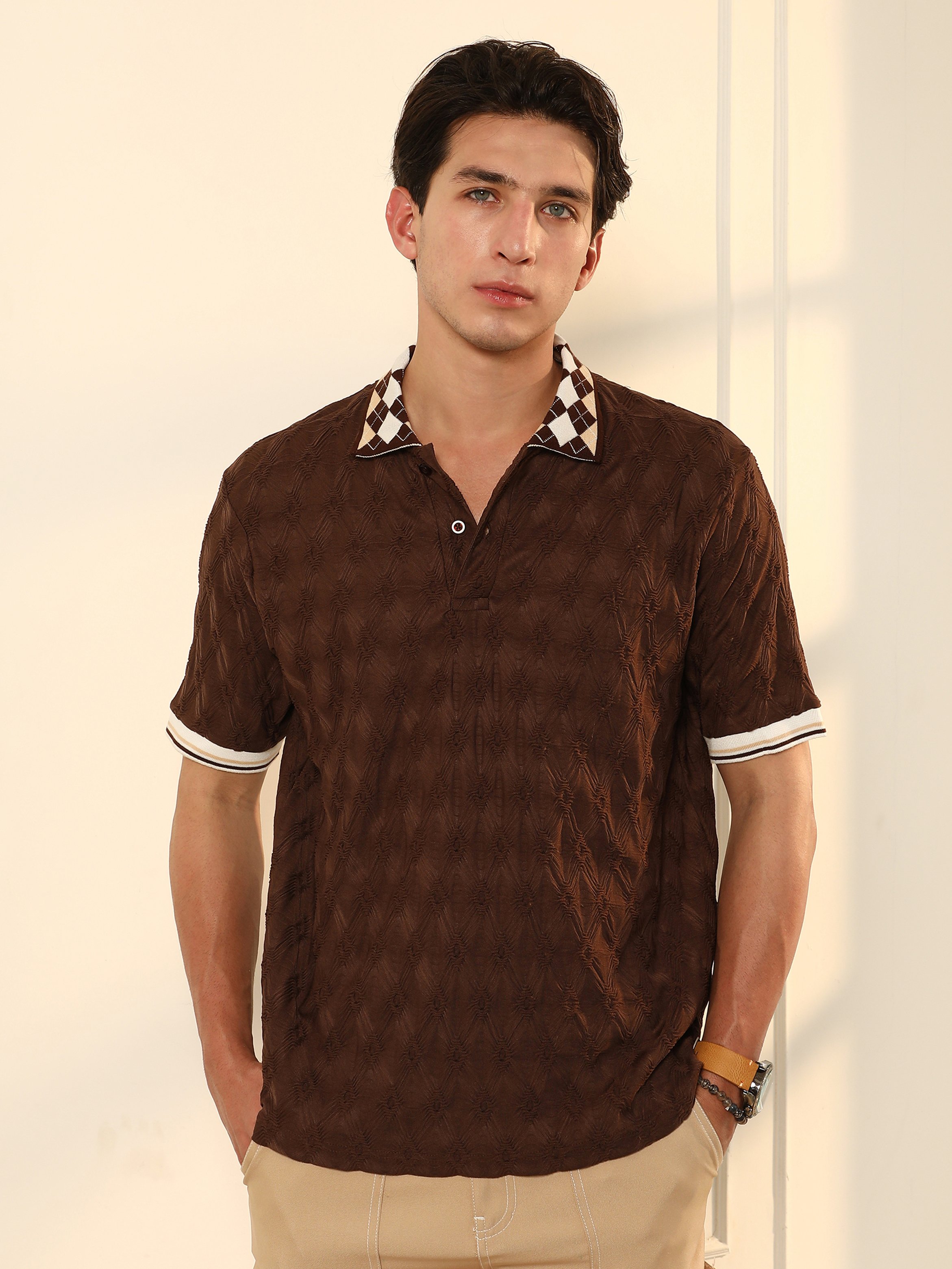 Men Brown Textured Knit Polo