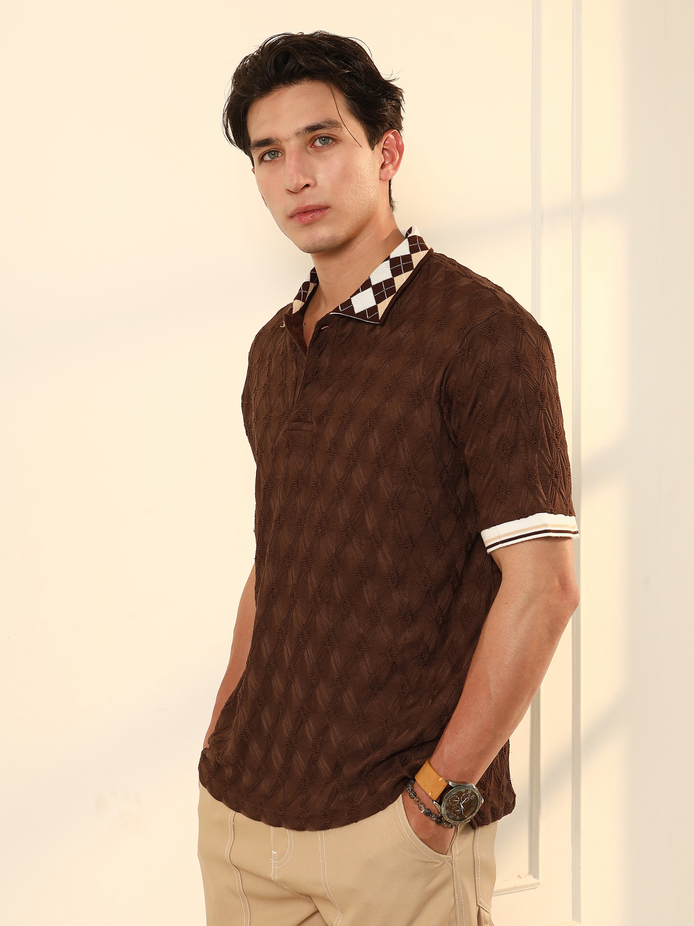Men Brown Textured Knit Polo