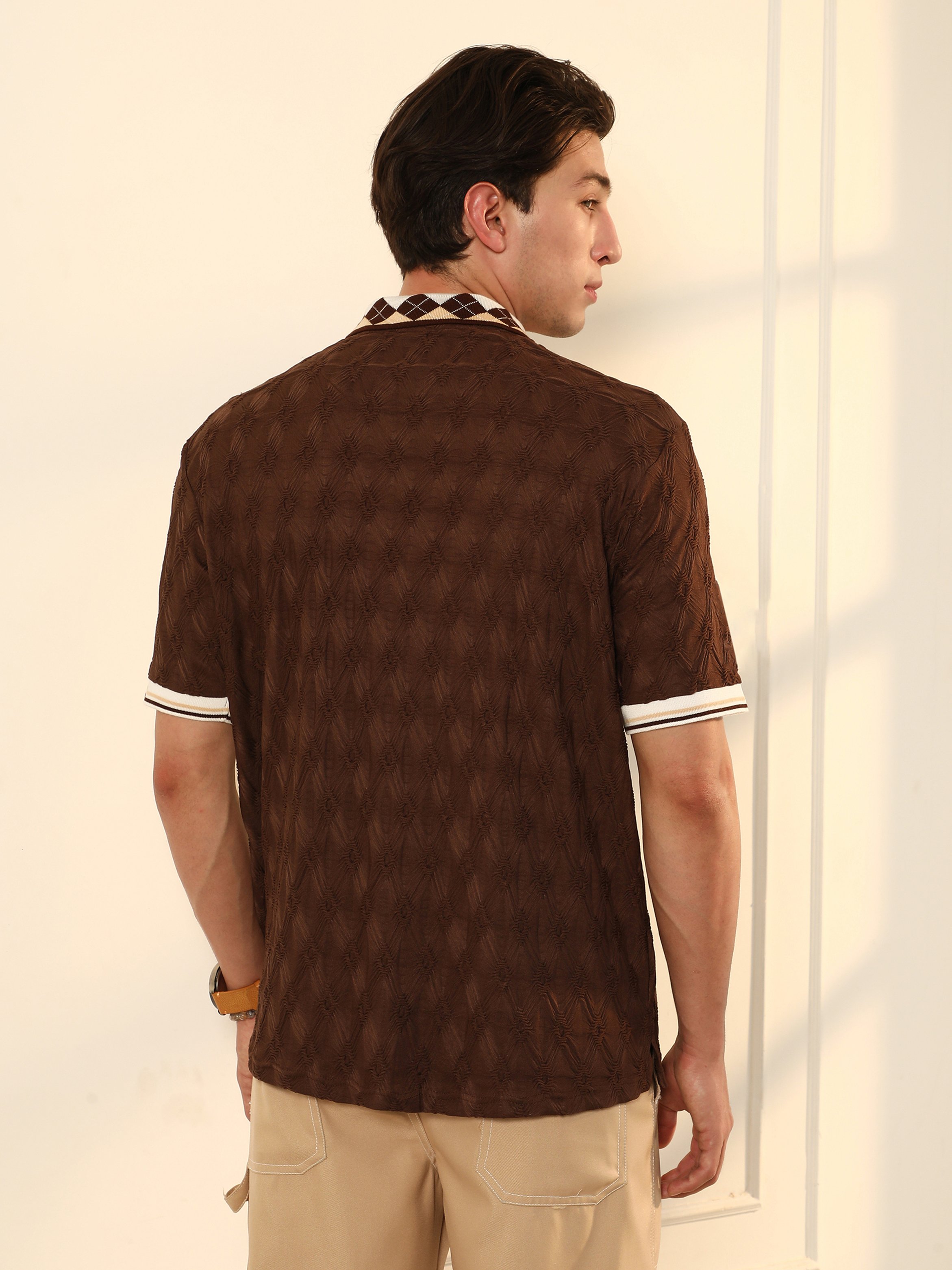 Men Brown Textured Knit Polo