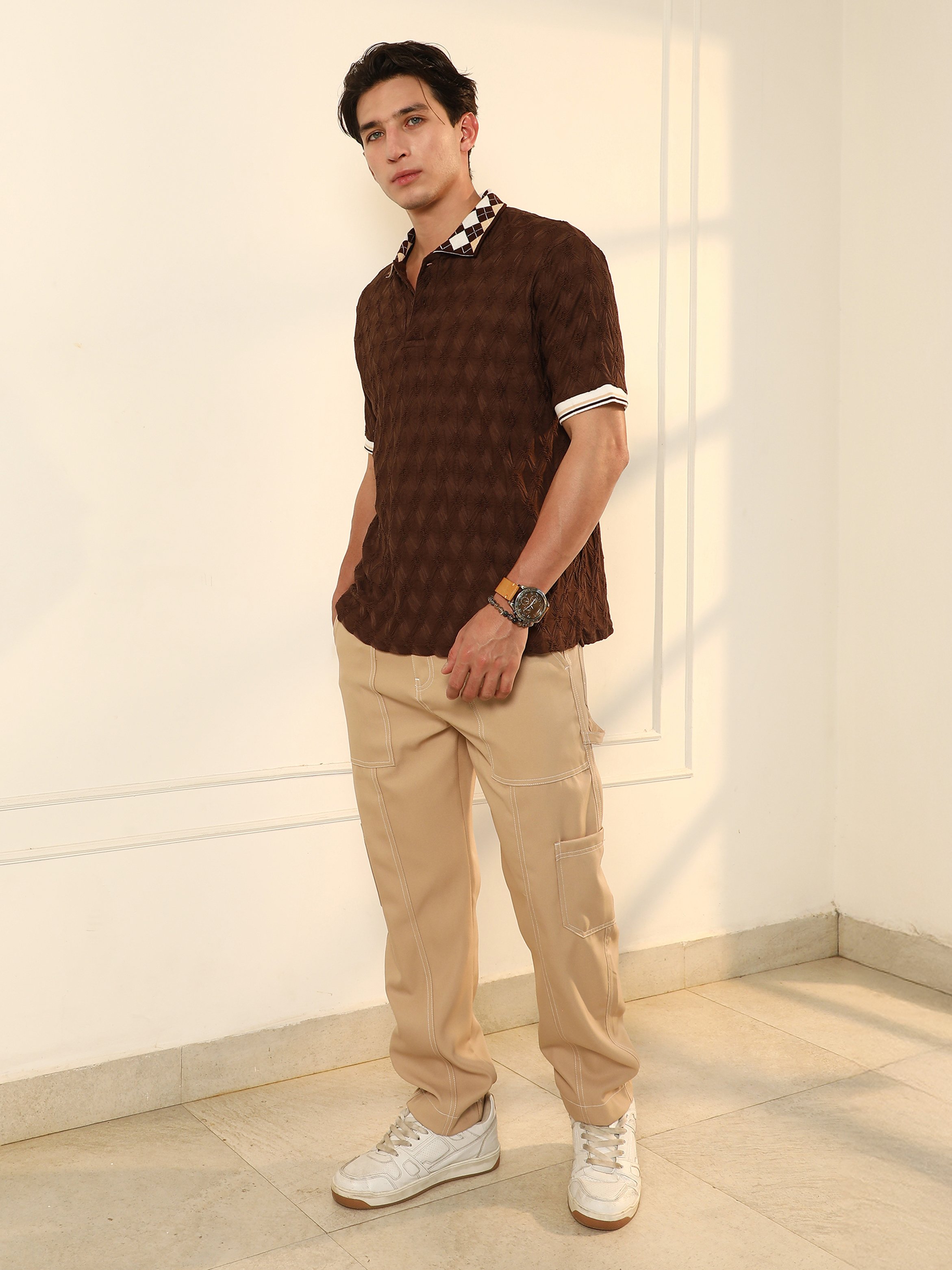Men Brown Textured Knit Polo