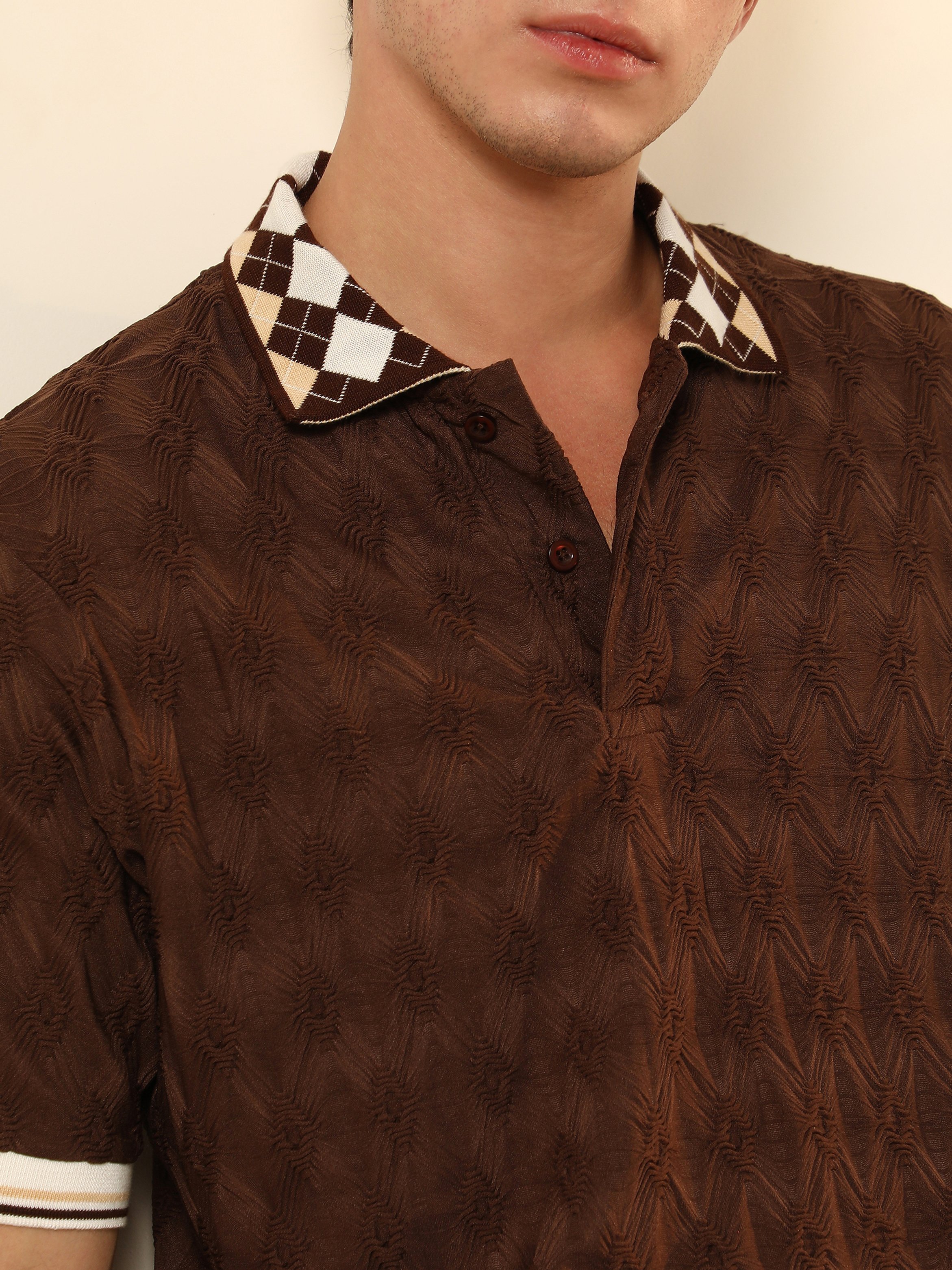 Men Brown Textured Knit Polo