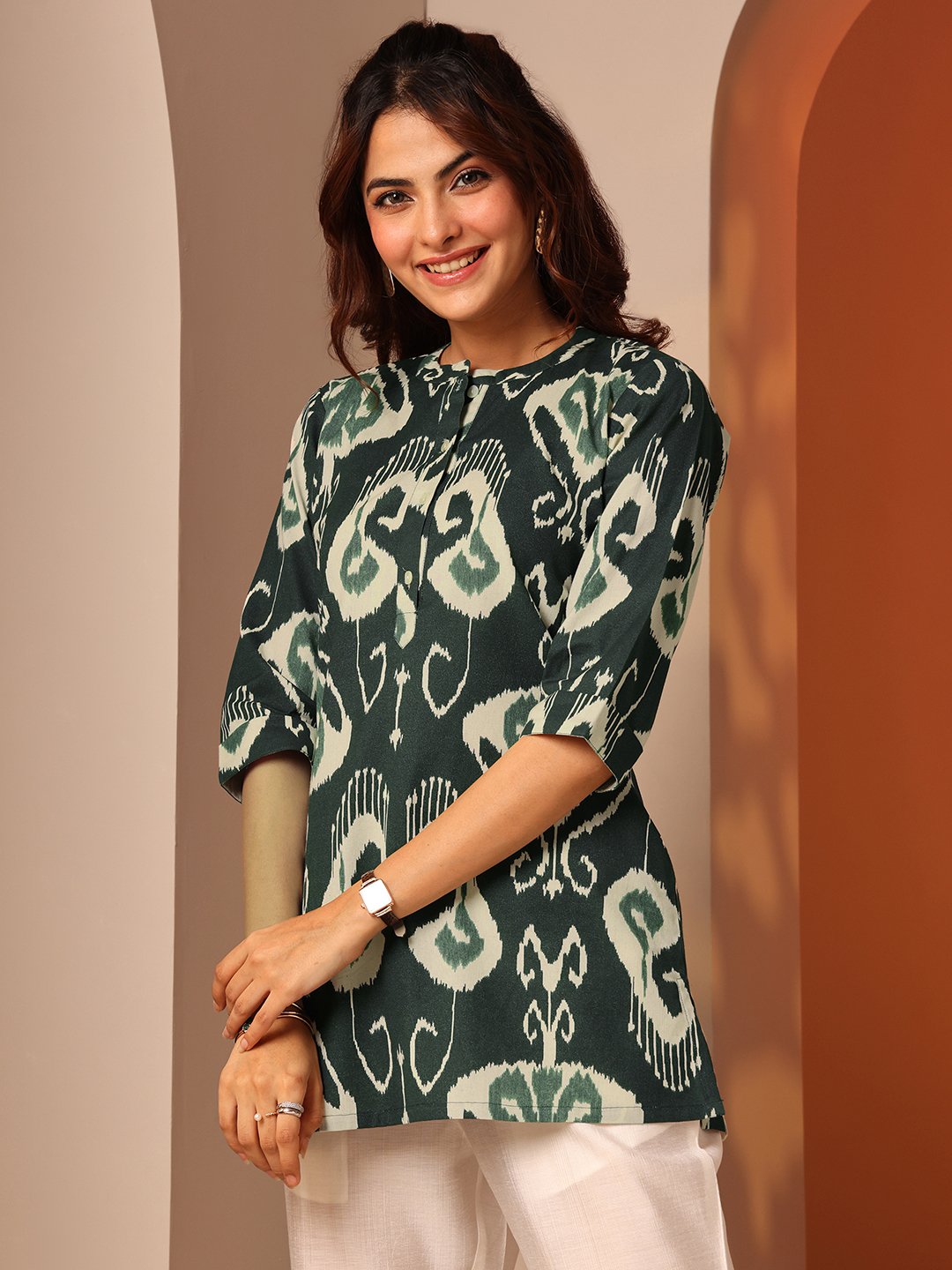 Green Printed Cotton Straight Kurti