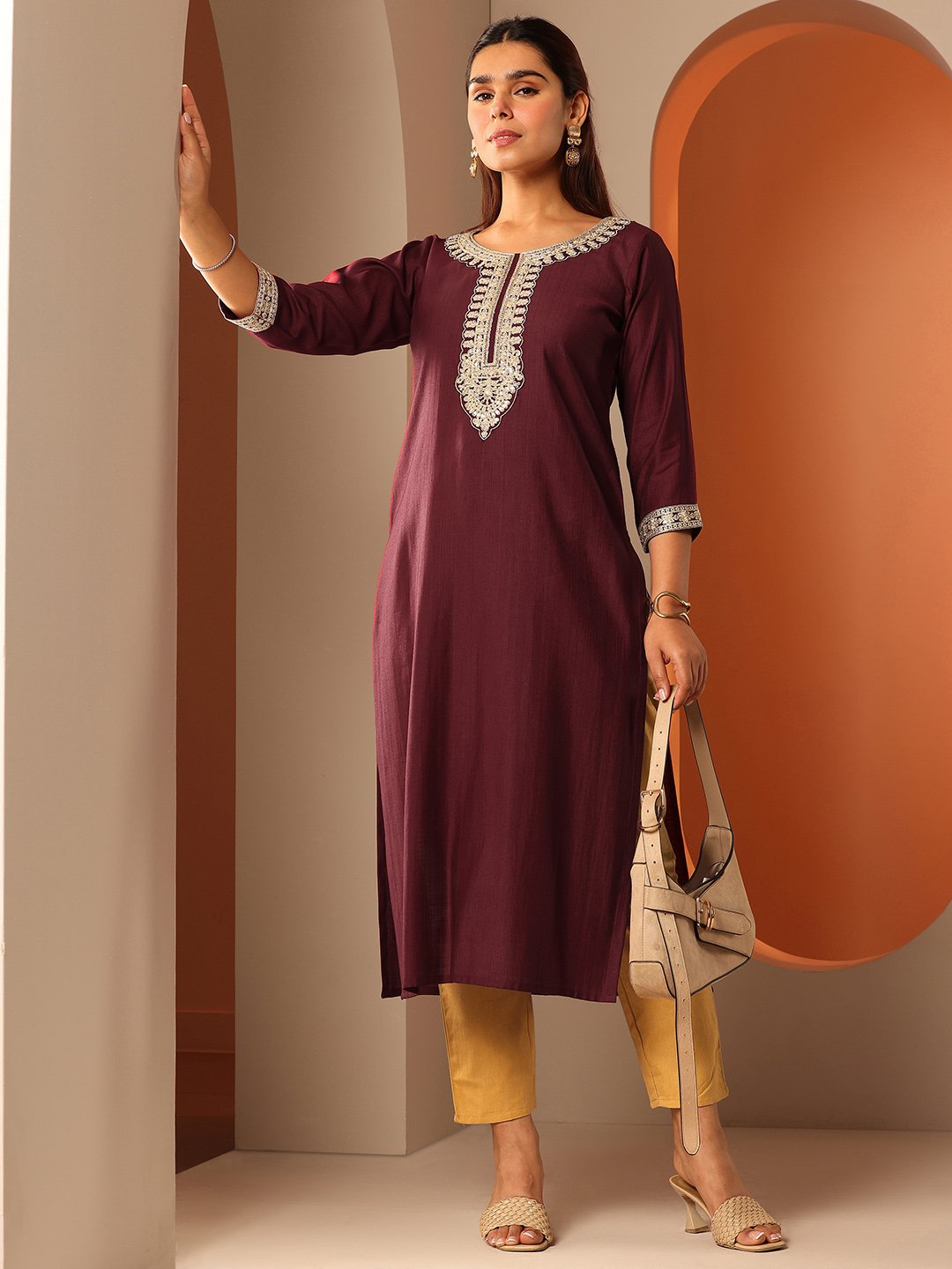 Maroon Yoke Design Silk Blend Straight Kurta