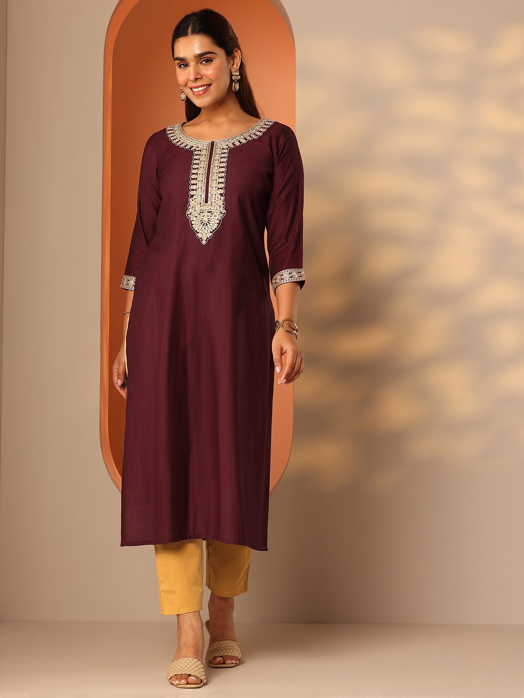 Maroon Yoke Design Silk Blend Straight Kurta