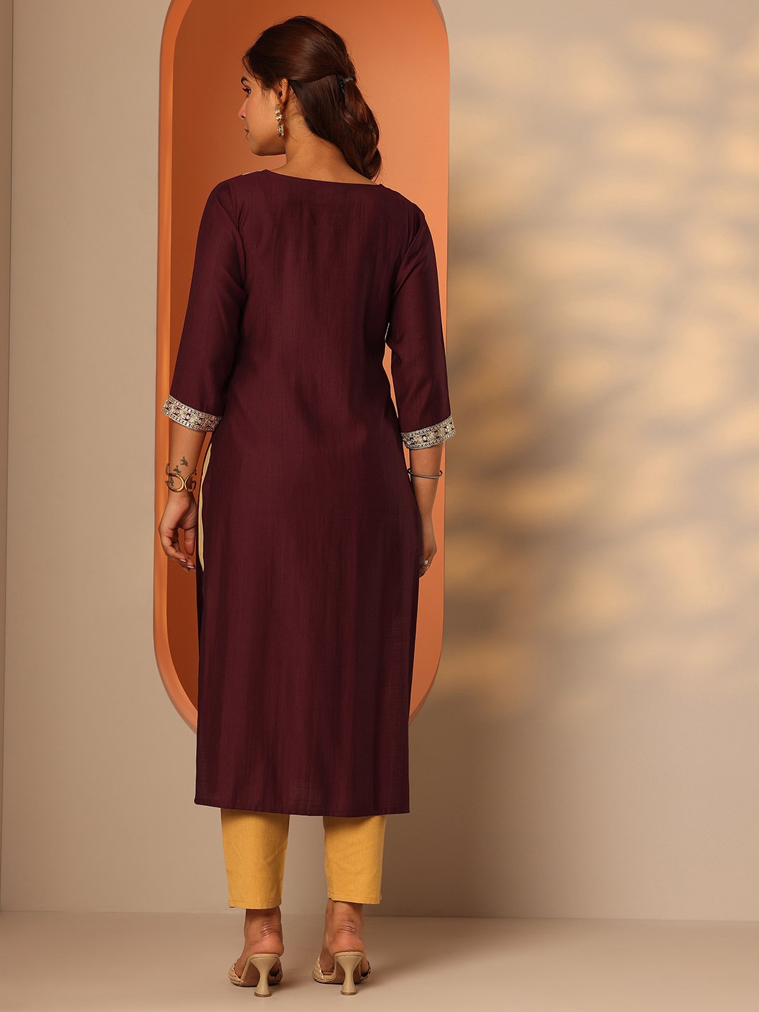 Maroon Yoke Design Silk Blend Straight Kurta