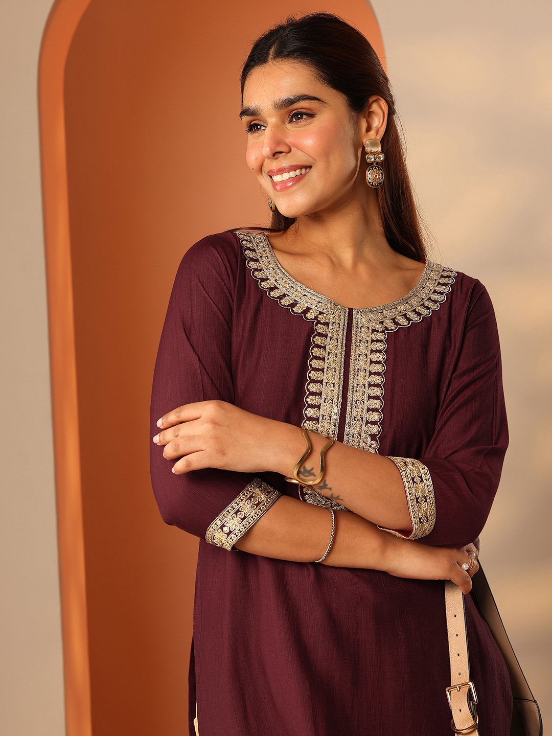 Maroon Yoke Design Silk Blend Straight Kurta