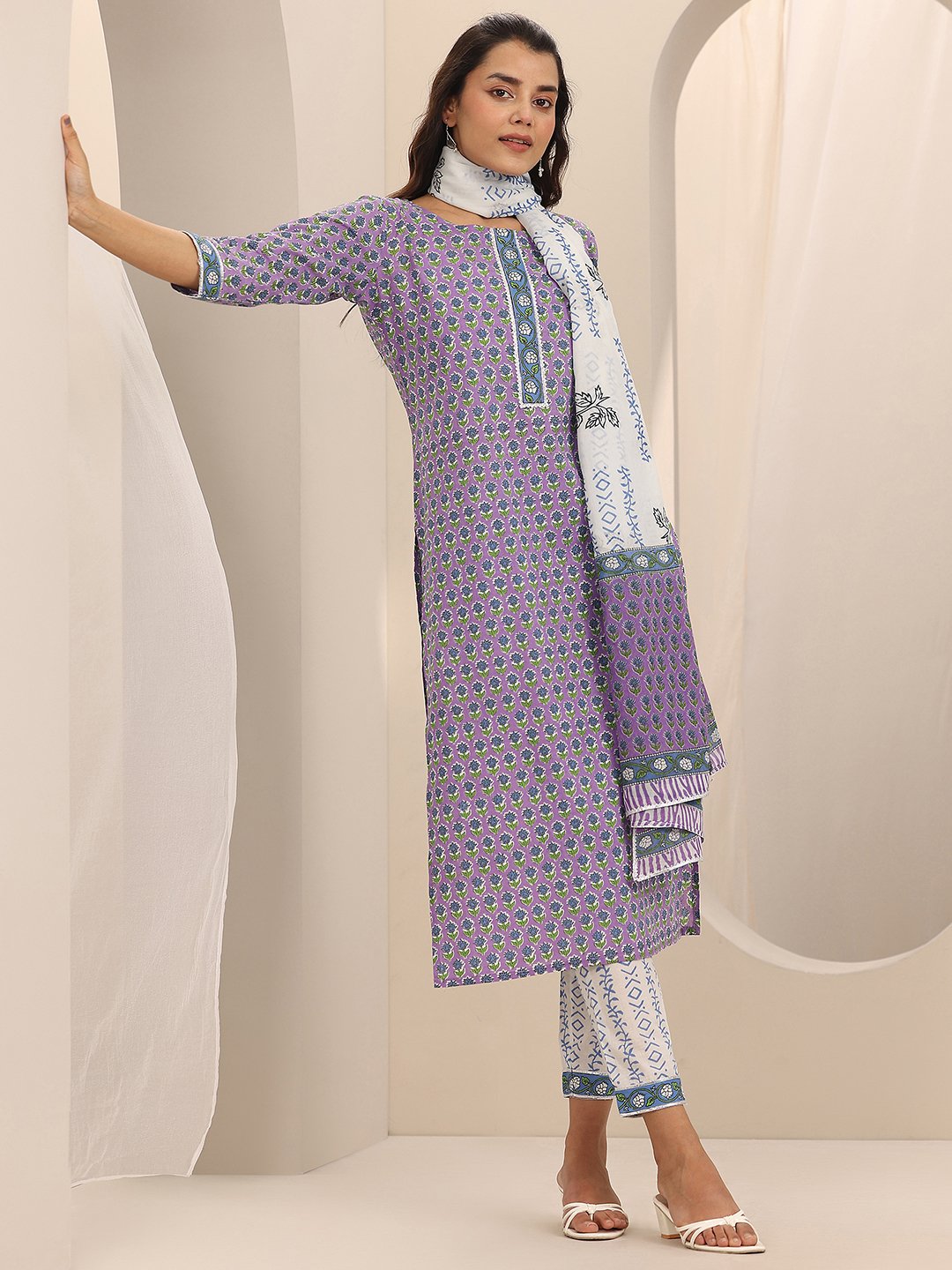 Lavender Printed Cotton Straight Kurta, Palazzos and Dupatta Set