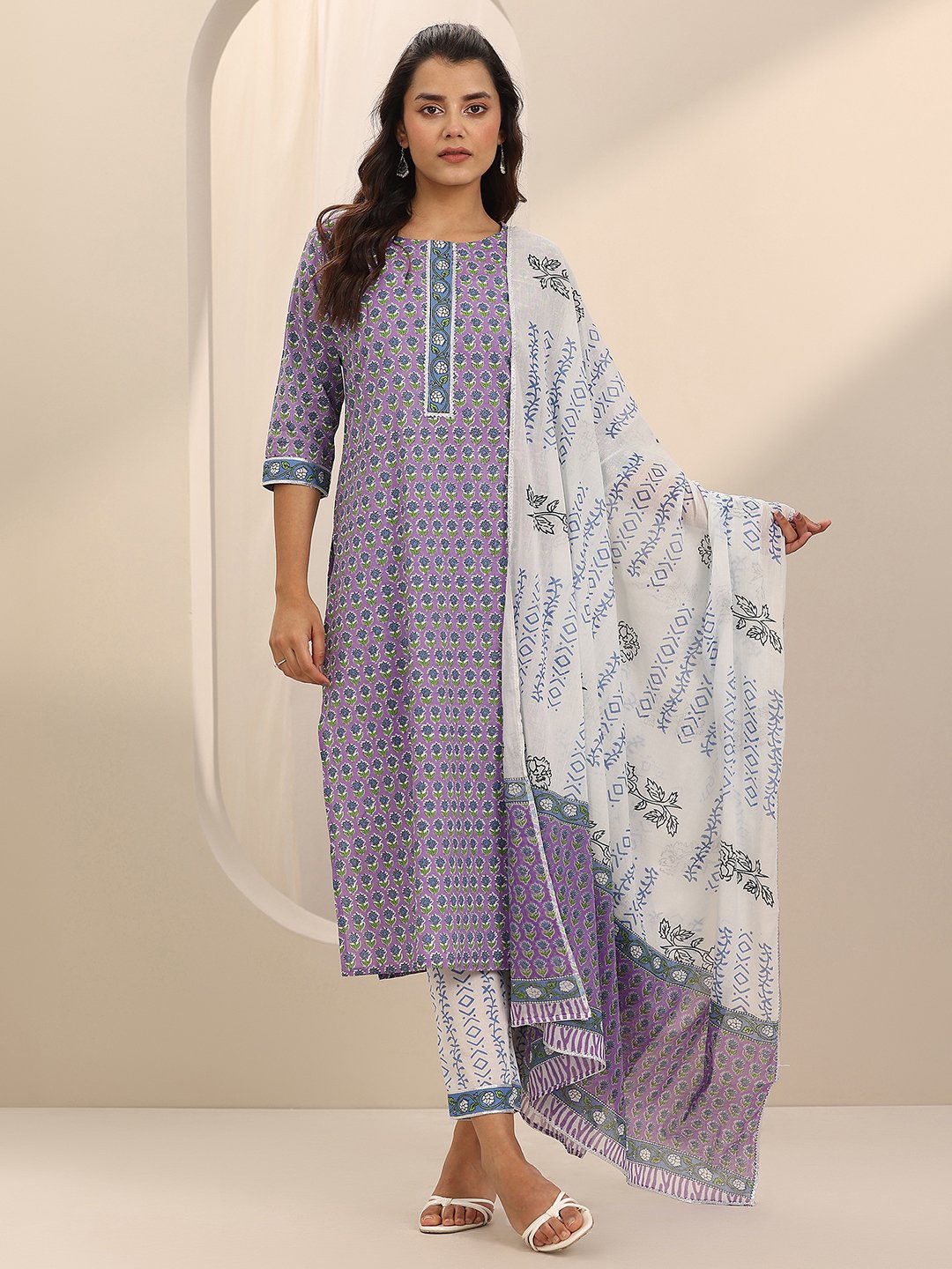 Lavender Printed Cotton Straight Kurta, Palazzos and Dupatta Set