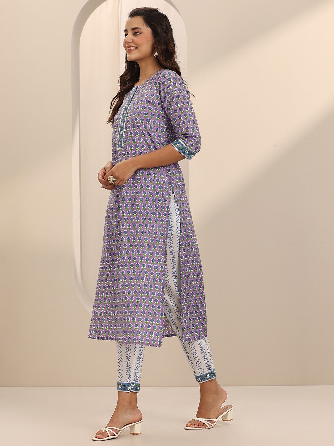 Lavender Printed Cotton Straight Kurta, Palazzos and Dupatta Set