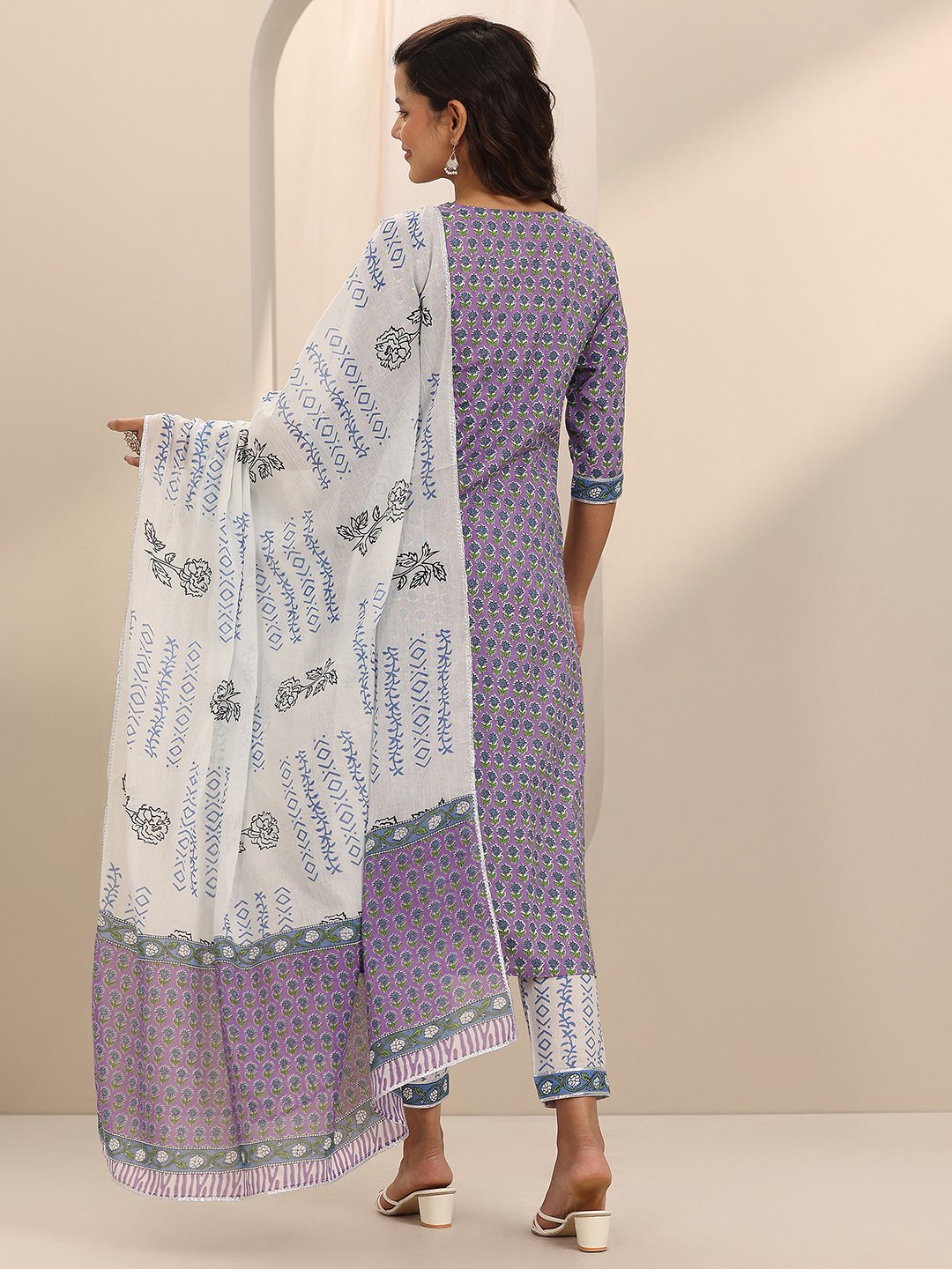Lavender Printed Cotton Straight Kurta, Palazzos and Dupatta Set