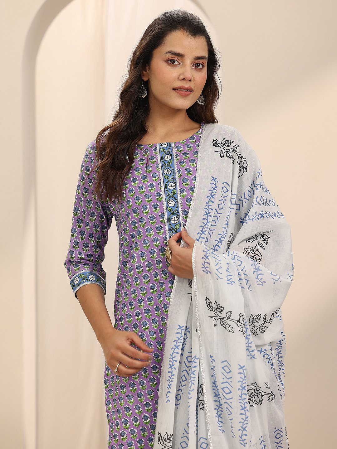 Lavender Printed Cotton Straight Kurta, Palazzos and Dupatta Set
