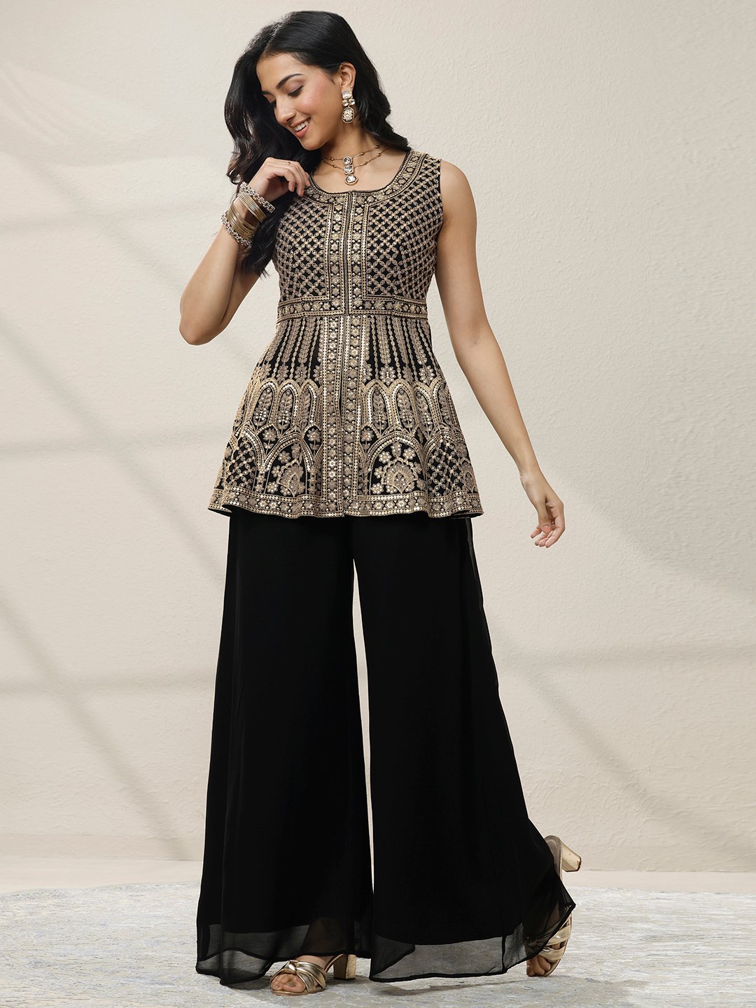 Black Embroidered Georgette A-Line Kurti, Palazzos and Dupatta Set