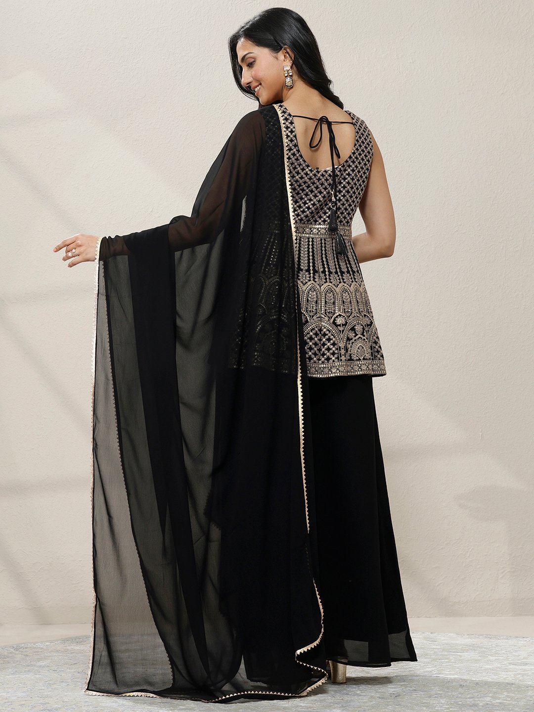 Black Embroidered Georgette A-Line Kurti, Palazzos and Dupatta Set