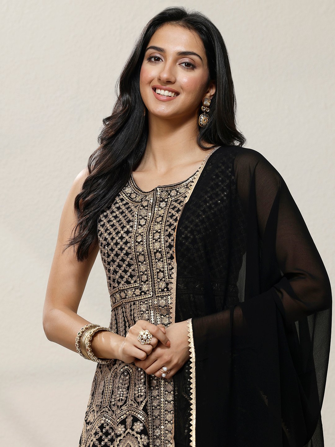 Black Embroidered Georgette A-Line Kurti, Palazzos and Dupatta Set