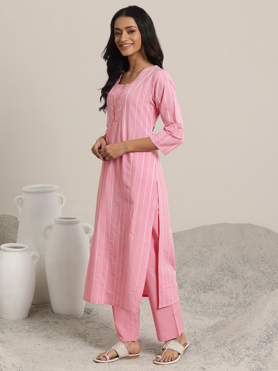 Pink Self Design Cotton Blend Straight Kurta, Trousers and Dupatta Set