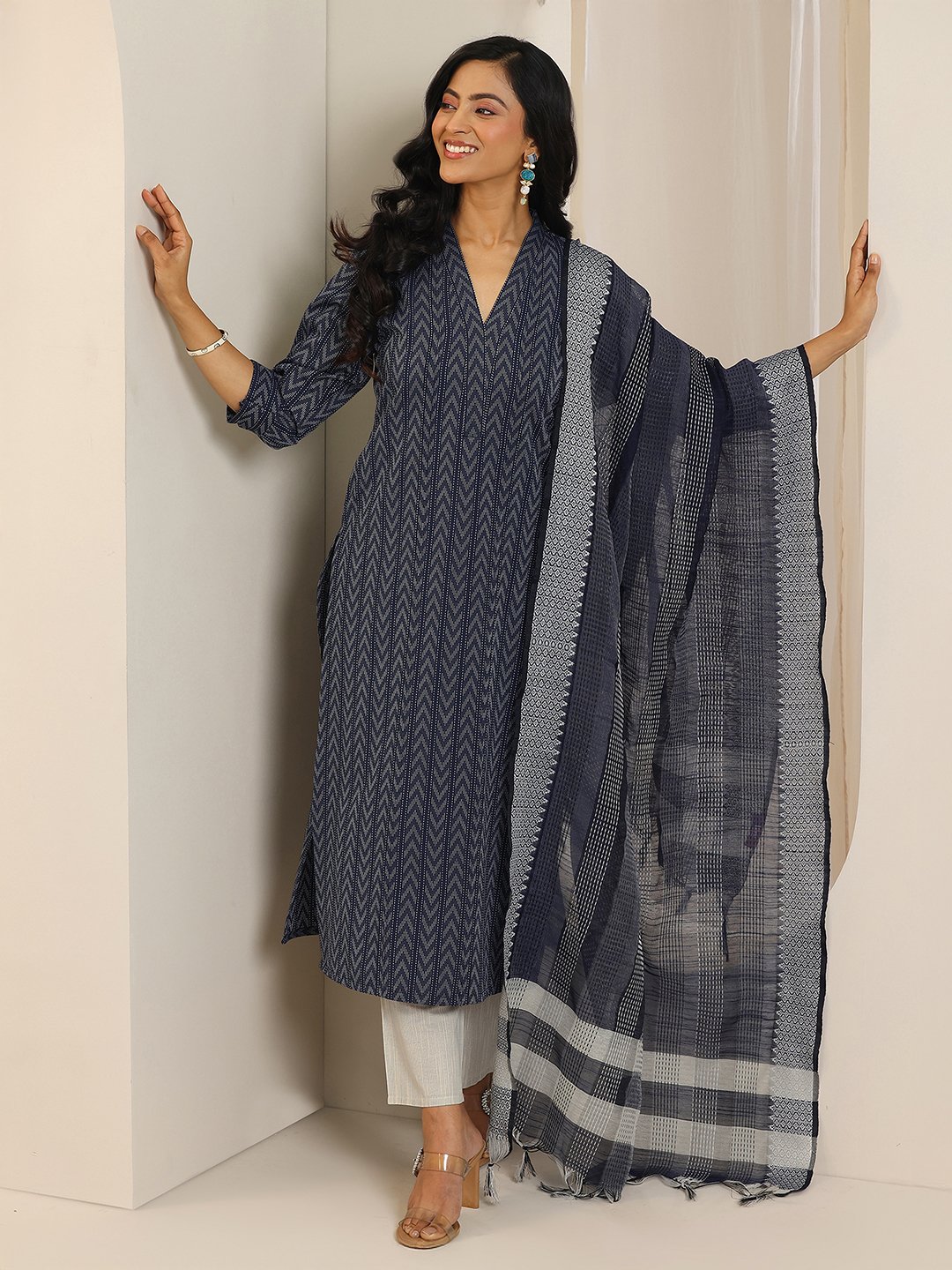 Blue Self Design Cotton Blend Straight Kurta, Trousers and Dupatta Set