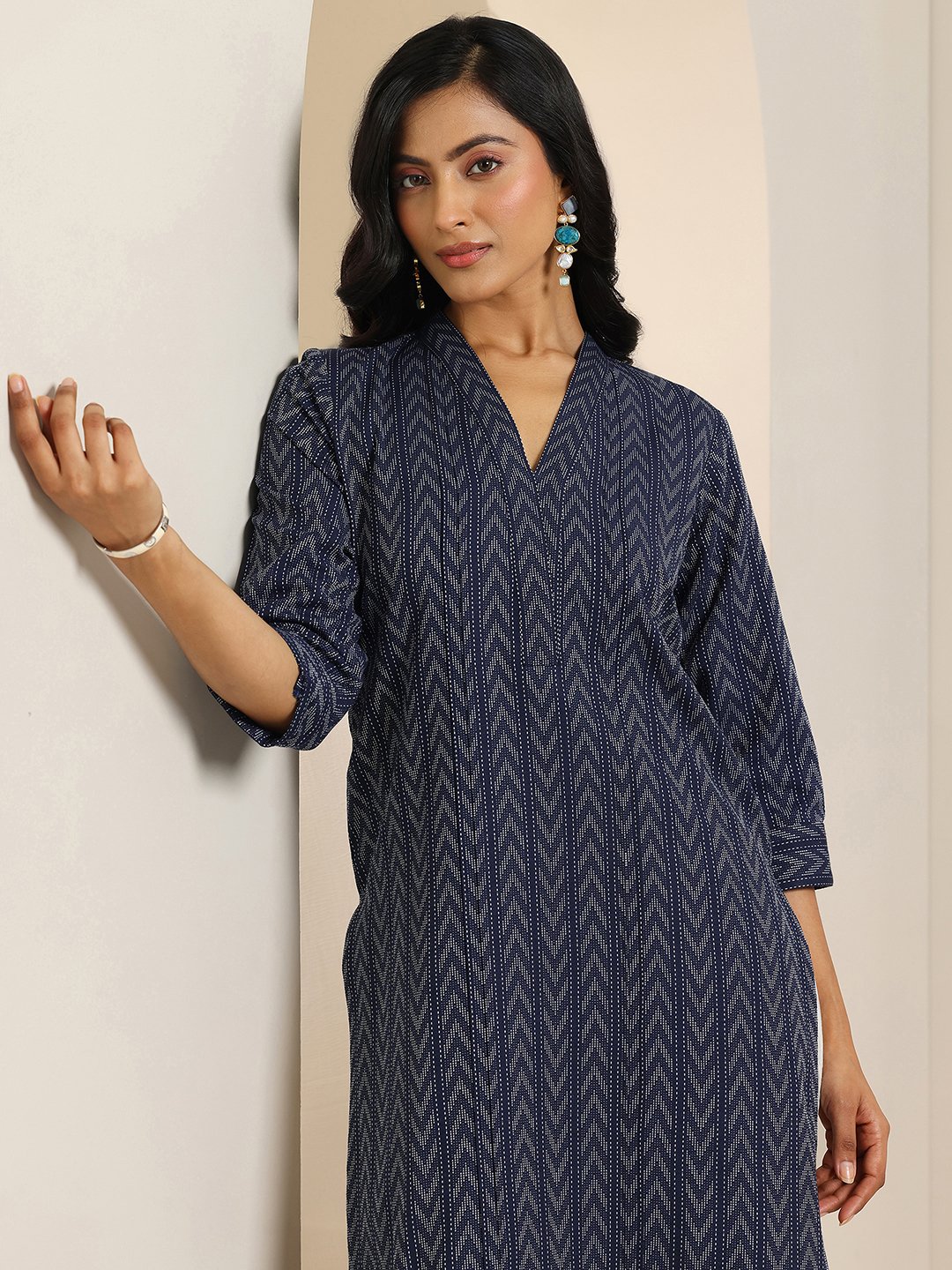 Blue Self Design Cotton Blend Straight Kurta, Trousers and Dupatta Set