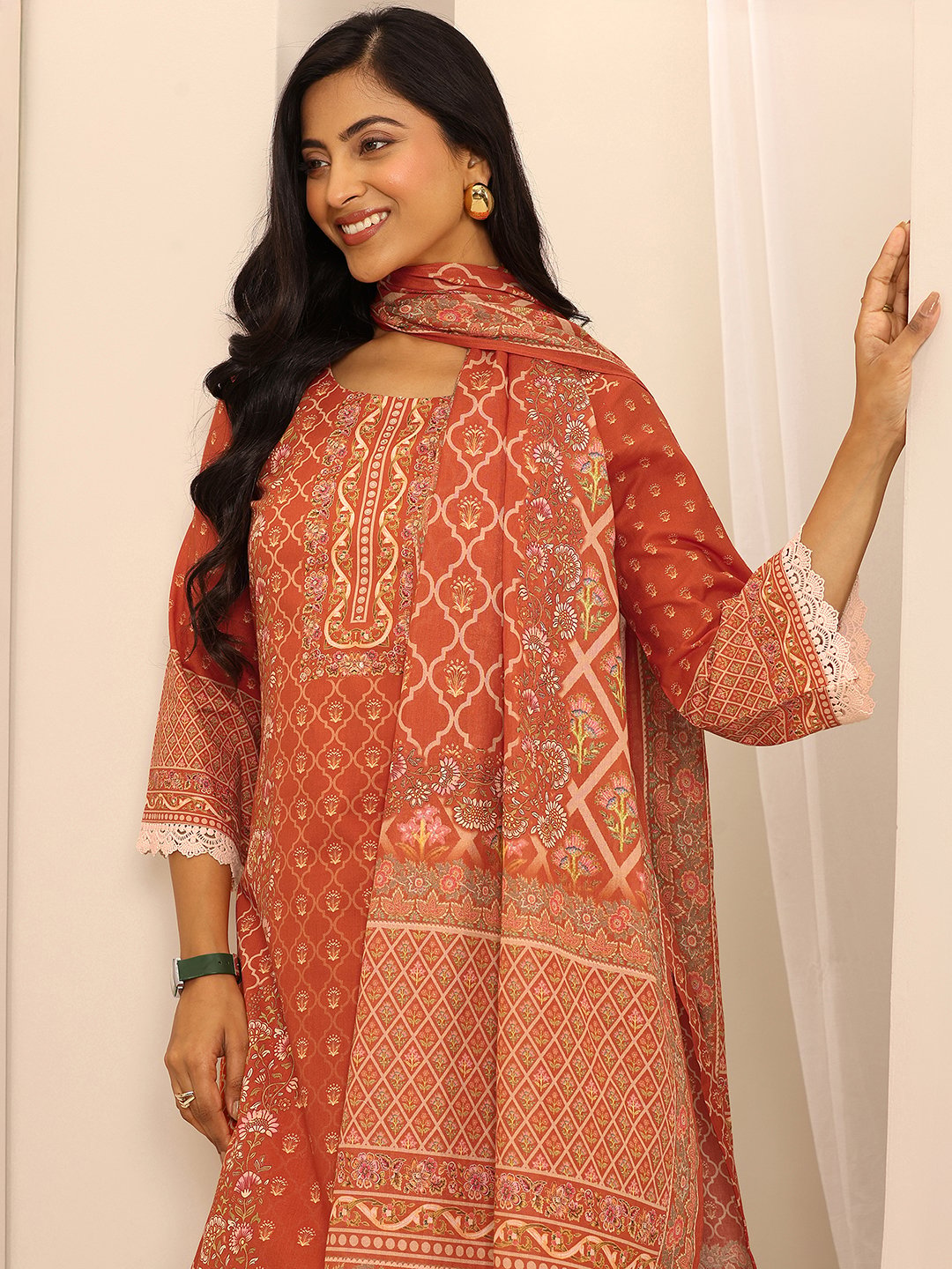 Orange Printed Cotton Straight Kurta, Trousers and Dupatta Set