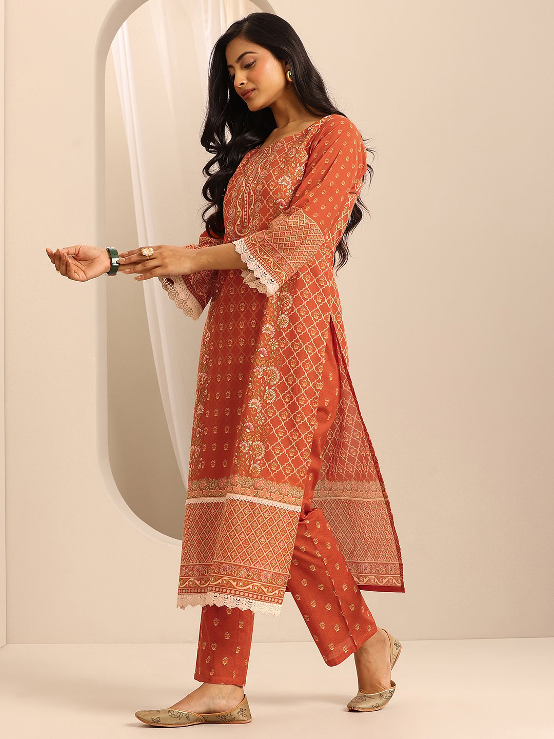 Orange Printed Cotton Straight Kurta, Trousers and Dupatta Set