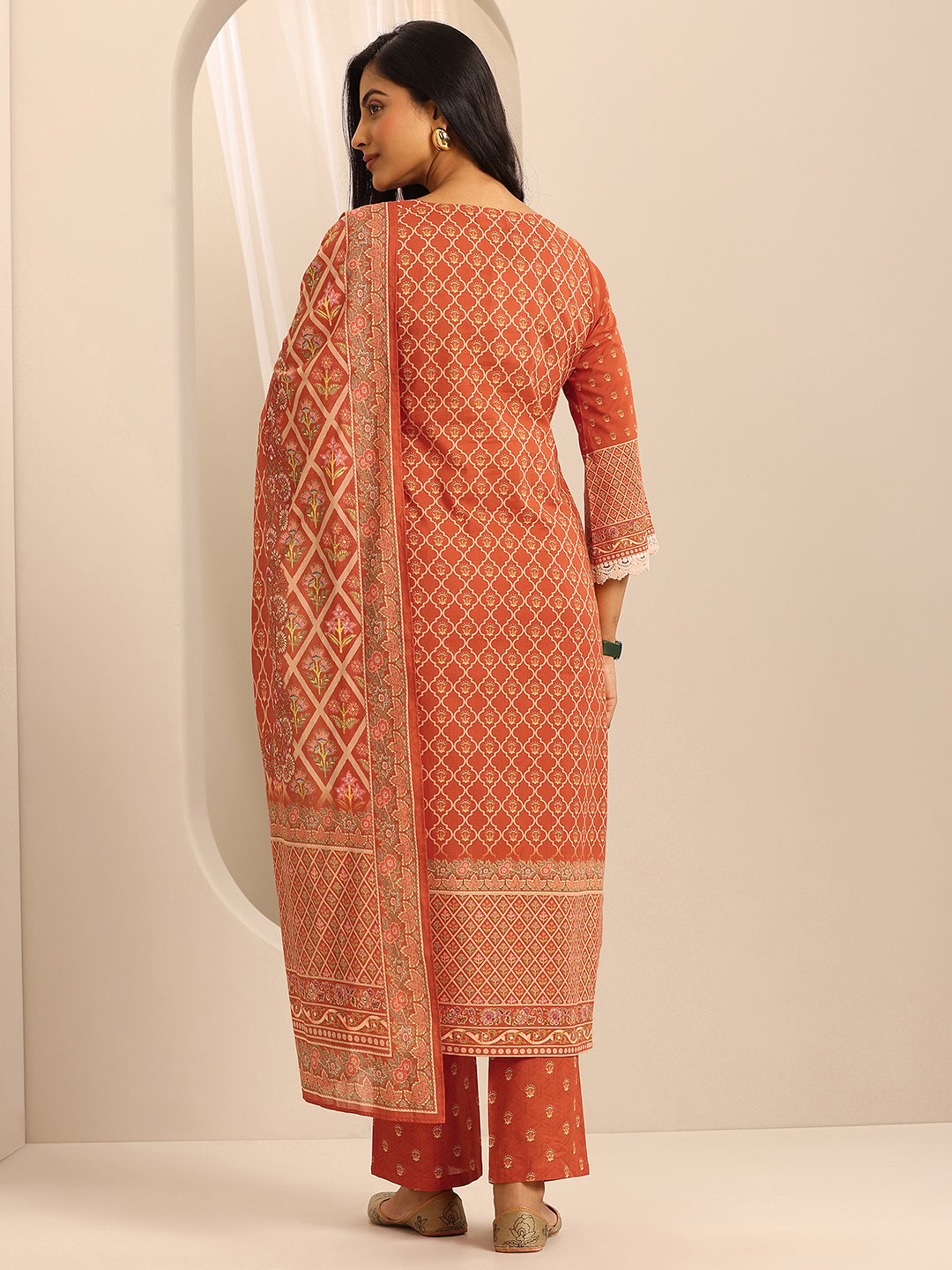 Orange Printed Cotton Straight Kurta, Trousers and Dupatta Set