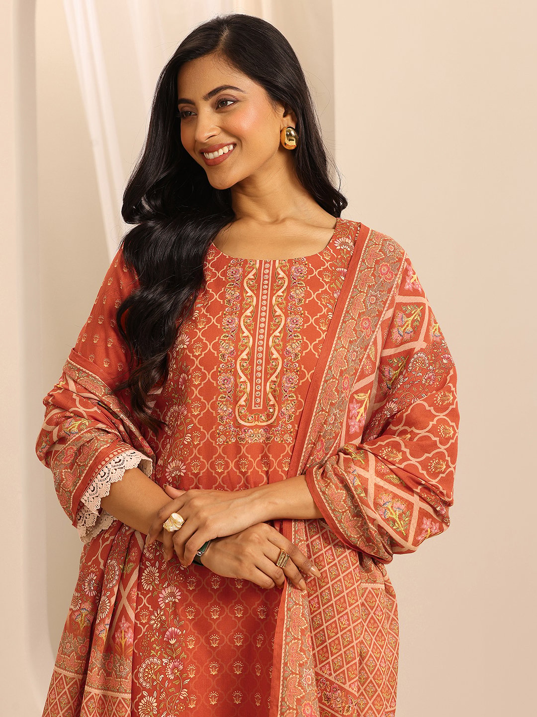 Orange Printed Cotton Straight Kurta, Trousers and Dupatta Set