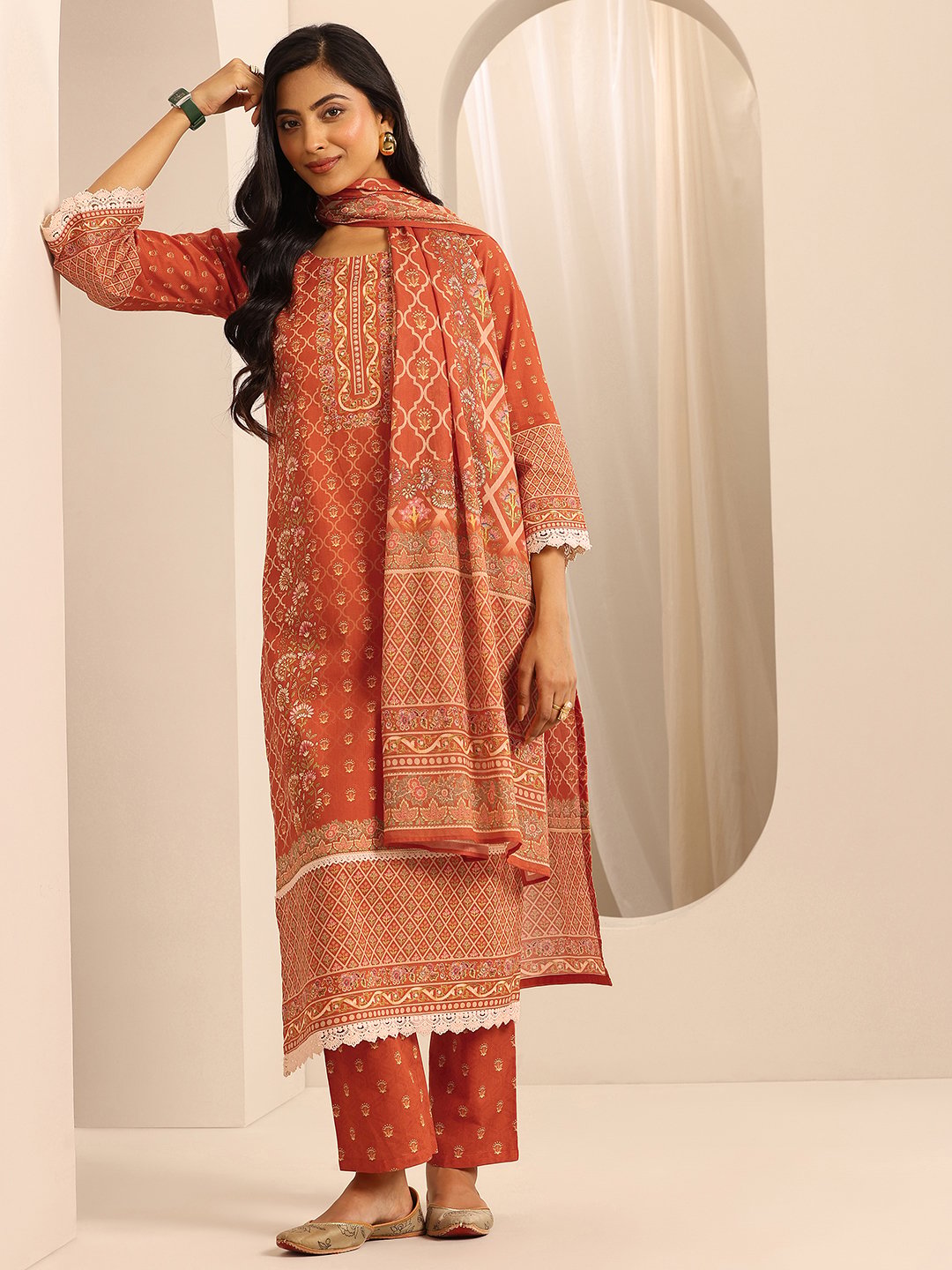 Orange Printed Cotton Straight Kurta, Trousers and Dupatta Set