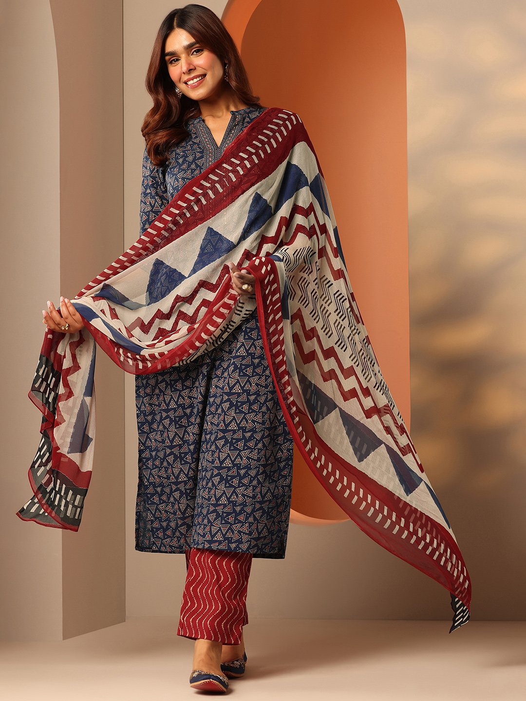 Blue Printed Cotton Straight Kurta, Trousers and Dupatta Set