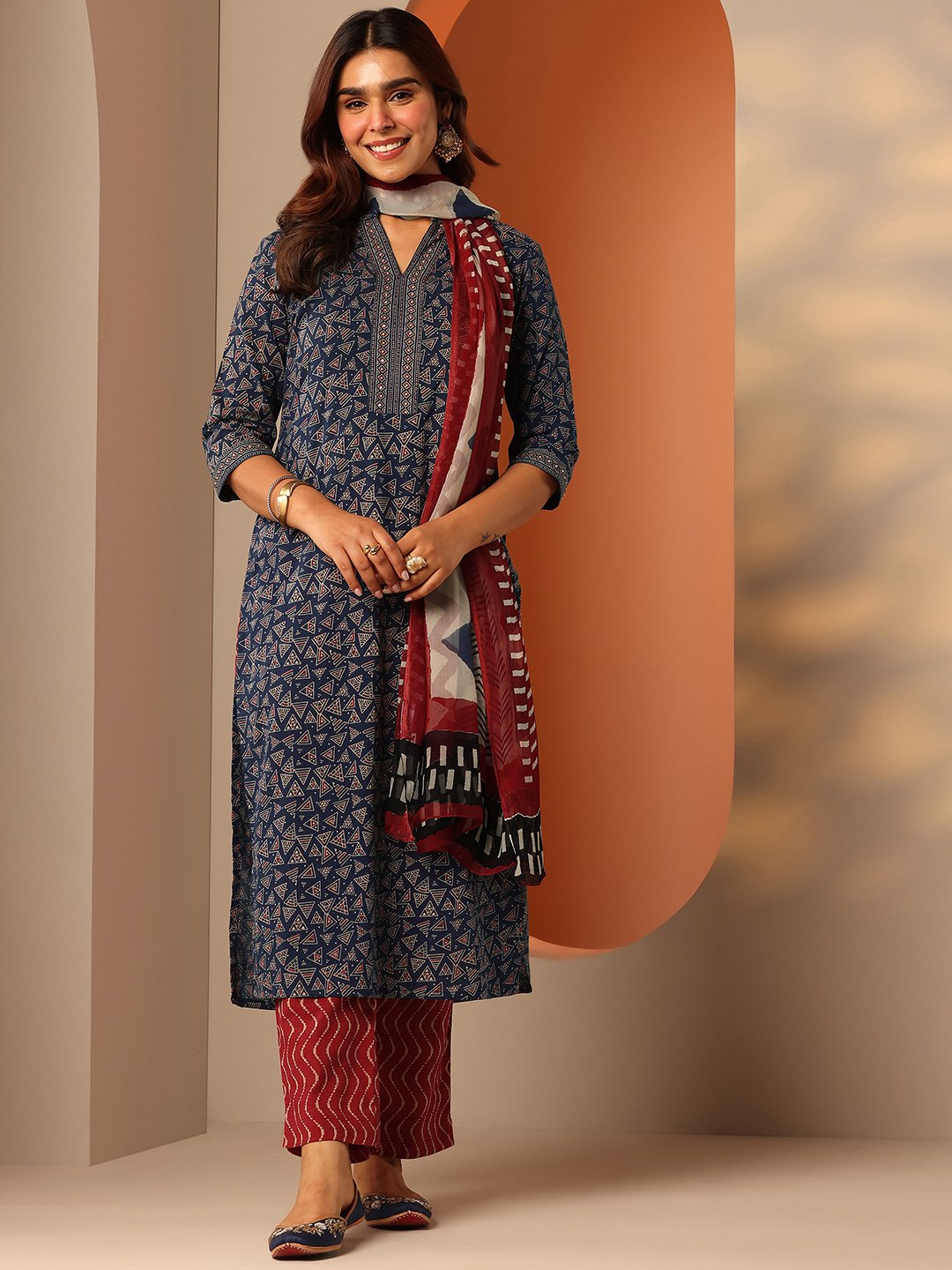 Blue Printed Cotton Straight Kurta, Trousers and Dupatta Set