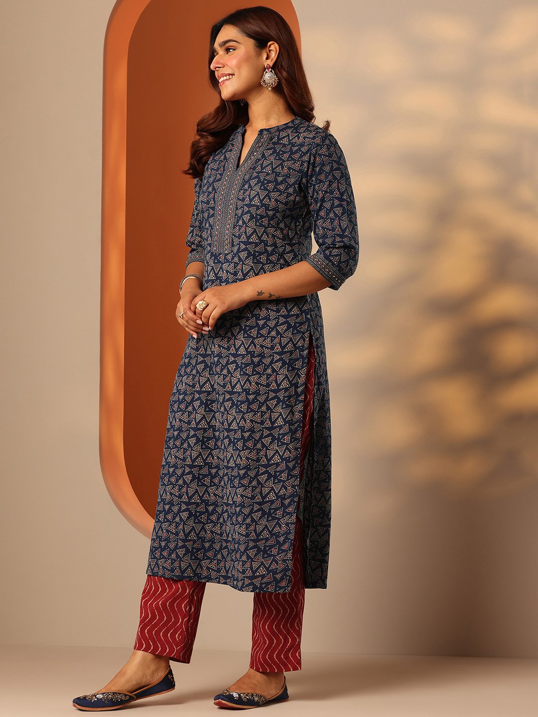 Blue Printed Cotton Straight Kurta, Trousers and Dupatta Set