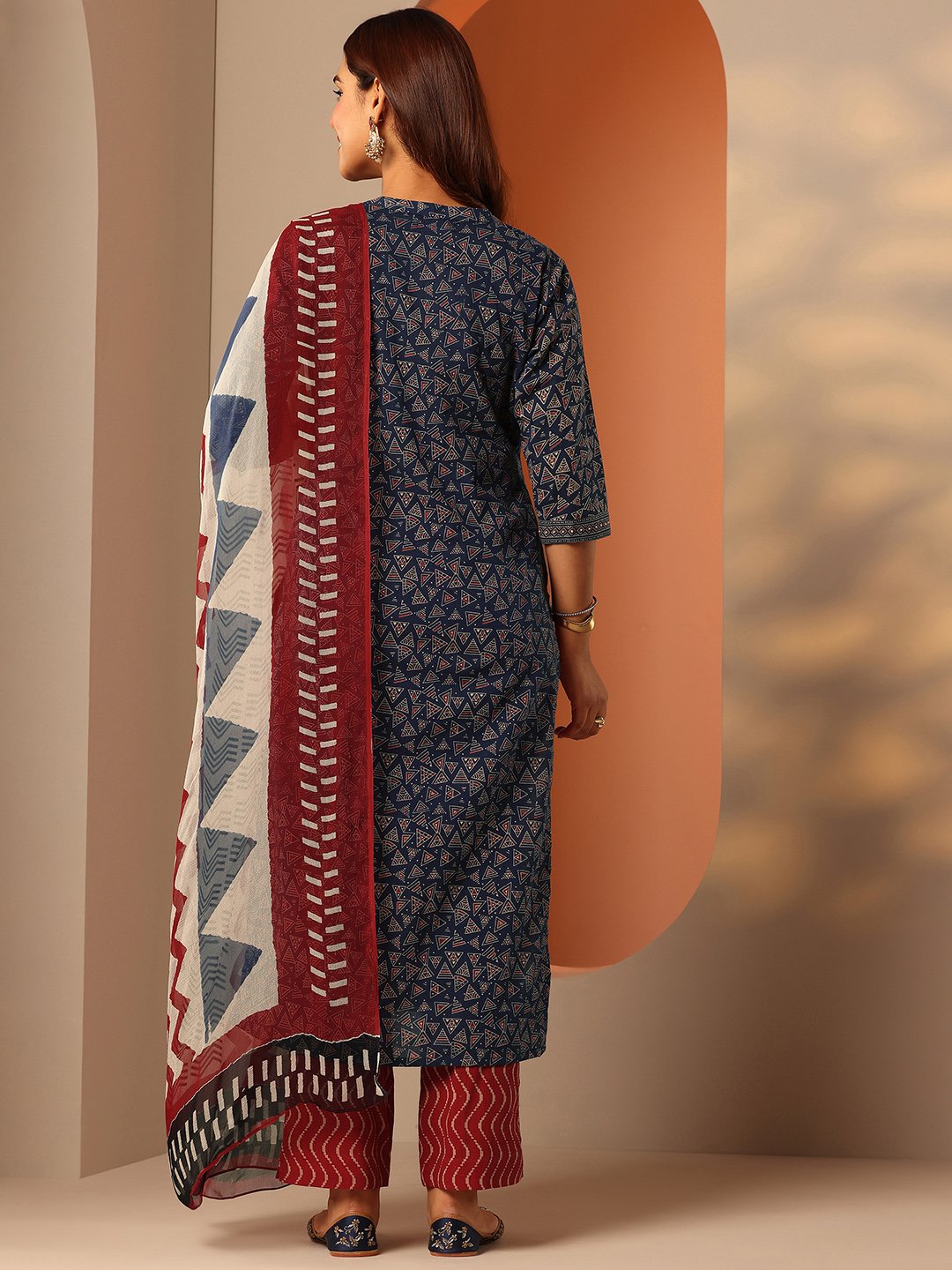 Blue Printed Cotton Straight Kurta, Trousers and Dupatta Set