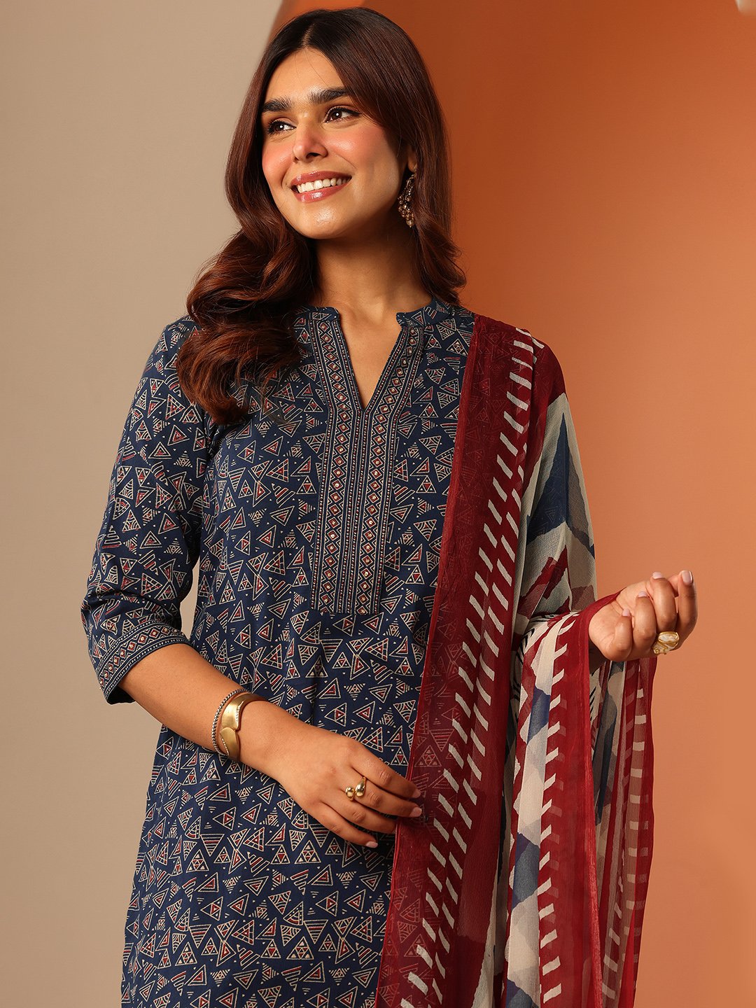 Blue Printed Cotton Straight Kurta, Trousers and Dupatta Set