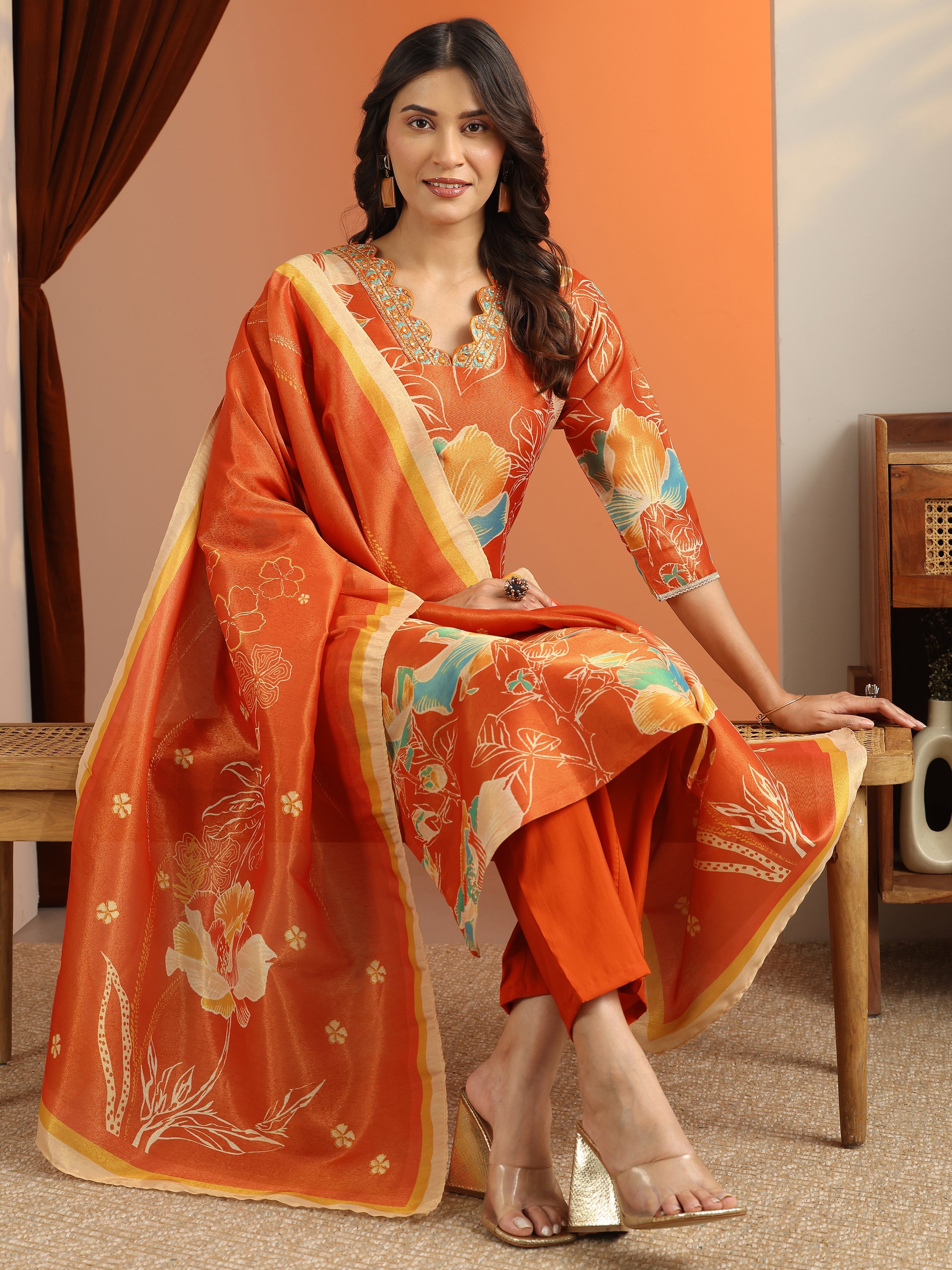 Orange Printed Silk Blend Straight Kurta, Trousers and Dupatta Set