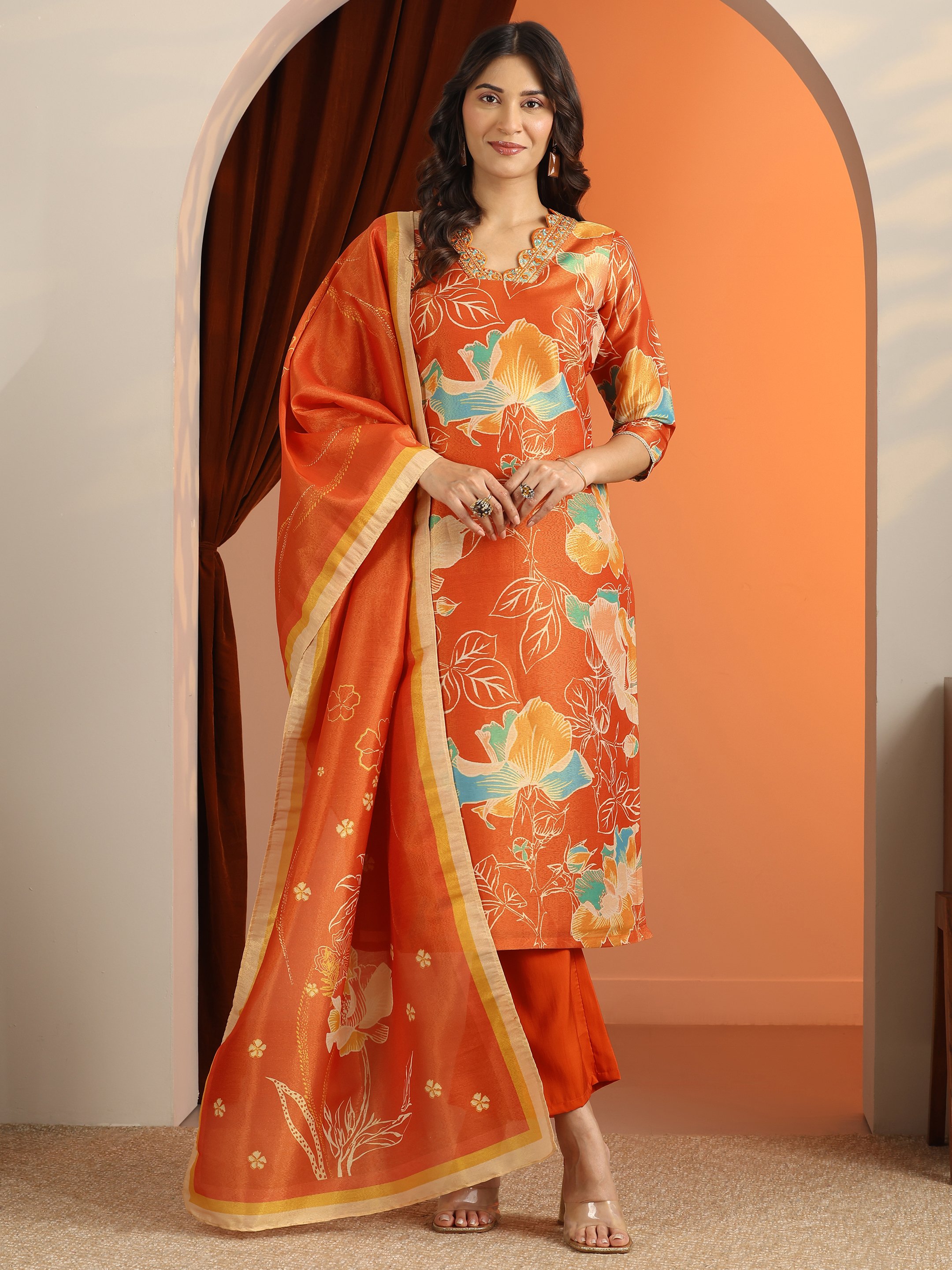 Orange Printed Silk Blend Straight Kurta, Trousers and Dupatta Set