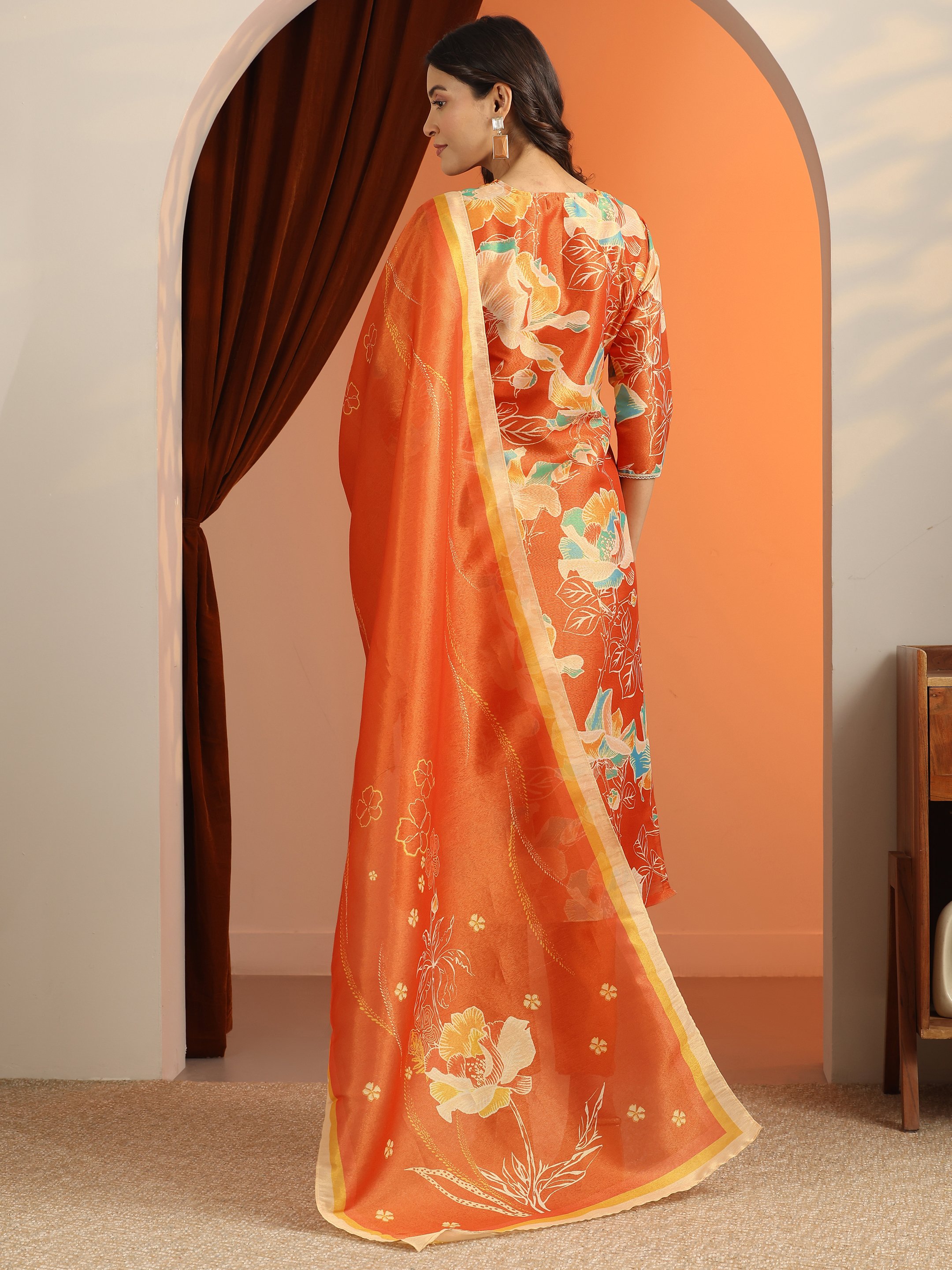 Orange Printed Silk Blend Straight Kurta, Trousers and Dupatta Set