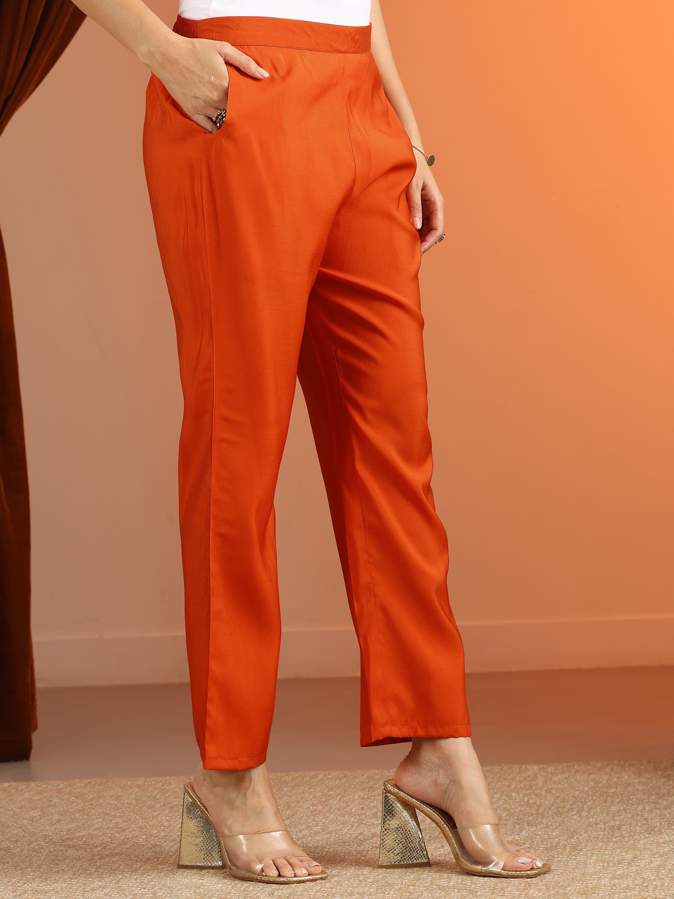 Orange Printed Silk Blend Straight Kurta, Trousers and Dupatta Set