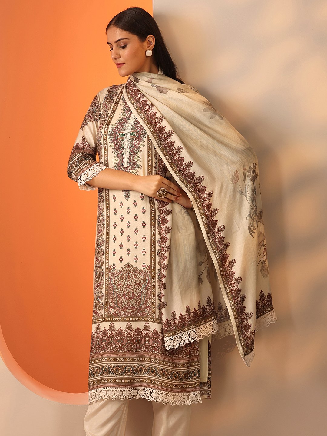 Off White Printed Muslin Straight Kurta, Trousers and Dupatta Set