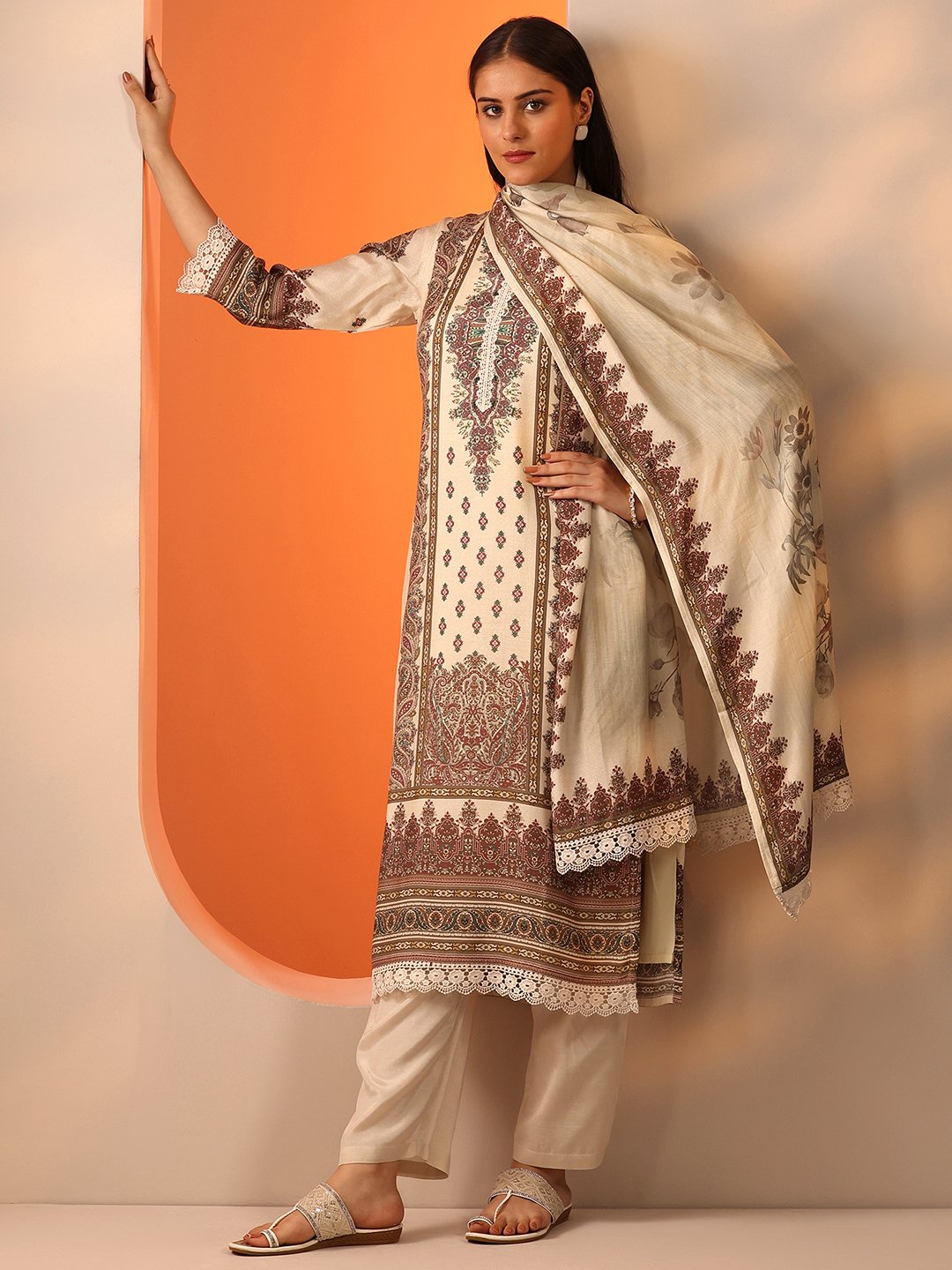 Off White Printed Muslin Straight Kurta, Trousers and Dupatta Set